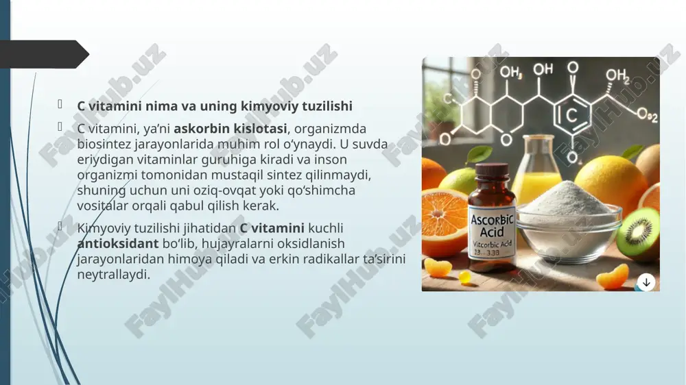 urces, and daily needs. mayo clinic health system, 2022. nazarova g. mikroelementlar va ularning inson salomatligiga ta’siri. toshkent, 2020. national institutes of health (nih). vitamin c: health benefits and dietary reference intakes. usa, 2021. foydalanilgan adabiyotlar: image1.png image2.jpeg image3.jpeg image4.jpeg image5.png image6.png image7.png image8.png image9.jpeg image10.jpeg image11.jpeg image12.png /docprops/thumbnail.jpeg