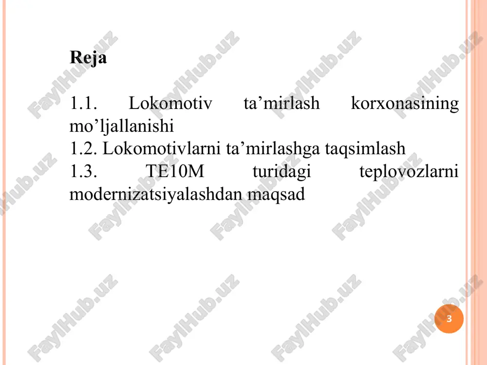 b raqamlari, rahbar mansabi, korxonaning tarkibiy birliklari, hisobot berish tartibi keltiriladi. korxonaning ishlab chiqarish-texnik pasporti mahsulot turlari, ishlab chiqarish quvvatlari va undan foydalanish, ishlab chiqarishning ixtisoslashuvi, kadrlar tarkibi va ish haqi fondi, mahsulot sifati va boshqa texnik-iqtisodiy ko’rsatkichlarni o’z ichiga oladi. "o'ztemiryo'lmashta'mir" unitar korxonasi o’zbekiston respublikasining eng dinamik rivojlanayotgan mashinasozlik korxonasi bo’lib, soha bo’yicha o’rta osiyoda noyob hisoblanadi. * korxona quyidagi turlardagi lokomotivlar va vagonlarni kapital ta’mirlash va hizmat muddatini uzaytirgan xolda tiklashga ixtisoslashgan: te10 turidagi magistral teplovozlarining barcha modifikatsiyalari; uzte16m modernizatsiyalangan teplovozlari; tem1, tem2, tem18 va chme3 manyovr teplovozlari; vl80s, vl60k, vl60pg’k, "o`zbekiston", "o`z-y", “uzel” va “uzelr” elektrovozlari; pe2 turidagi tortuv agregatlarining barcha modifikatsiyalari; yuk (yopiq, yarimvagonlar) va maxsus mo’ljallanishli vagonlar; tep70bs yo’lovchi teplovozlari (joriy ta’mir). * korxonaning asosiy vazifalari quyidagilardan iborat: - “o’zbekiston temir yo’llari” aj ning harakat tarkiblarini ta’mirlash, shu jumladan tortuv harakat tarkiblarini modernizatsiyalash bo’yicha ehtiyojlarini qondirish; - o’zbekitson respublikasi va mdh davlatlari sanoat korxonalari uchun …