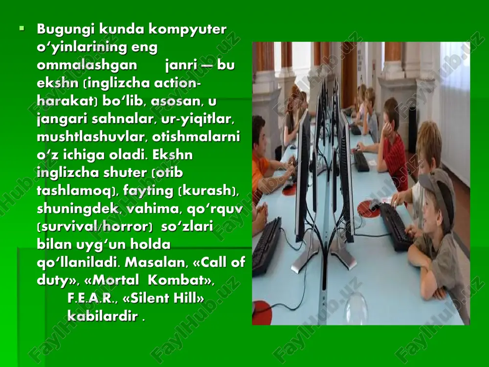 cha quyidagi:  •kompyuter oldida bola kayfiyatning yaxshiligi;  •o‘yindan to‘xtashni xohlamaslik;  •kompyuter oldida uzoq vaqtni ko‘ngilli o‘tkazish;  •kompyuter oldida oila va yaqinlarga qo‘pol munosabatda bo‘lish;  •o‘z faoliyati haqida yolg‘on gapirish kabi salbiy psixologik belgilar paydo bo‘lishi mumkin.  bundan tashqari, quyidagi salbiy jismoniy belgilarni:  •ko‘zda qichishish va kipriklarini pirpiratish va bosh hamda bel og‘rig‘i;  •ovqatlanish tartibiga rioya etmaslik;  •shaxsiy gigiyenaga rioya etmaslik;  •to‘yib uxlamaslik kabilarni kuzatish mumkin. ota-onalar shunday holatlarda farzandlari tarbiyasiga to‘g‘ri yondashib, masalan, quyidagicha yo‘l tutishlari zarur bolalarning juda kichik yoshlaridanoq mobil telefonlariga qiziqishlari shakllanayotgan davrda ularni boshqa muhimroq mashg‘ulotlarga, masalan, ochiq havoda faol harakatli o‘yinlarga chalg‘ita bilish eng avvalo, bola ongida barcha texnika voitalari: televizor, kompyuter, planshet kabilardan faqat ruxsat so‘rab foydalanishlari shartligi haqidagi fikrni singdirib borish bolalar kompyuter, planshet kabi vositalardan qancha vaqt mobaynida foydalanish mumkinligini bilishlari shart. bu asosiy qoidaga aylanishi zarur. gadjetning o‘rniga bolani faol faoliyatga …