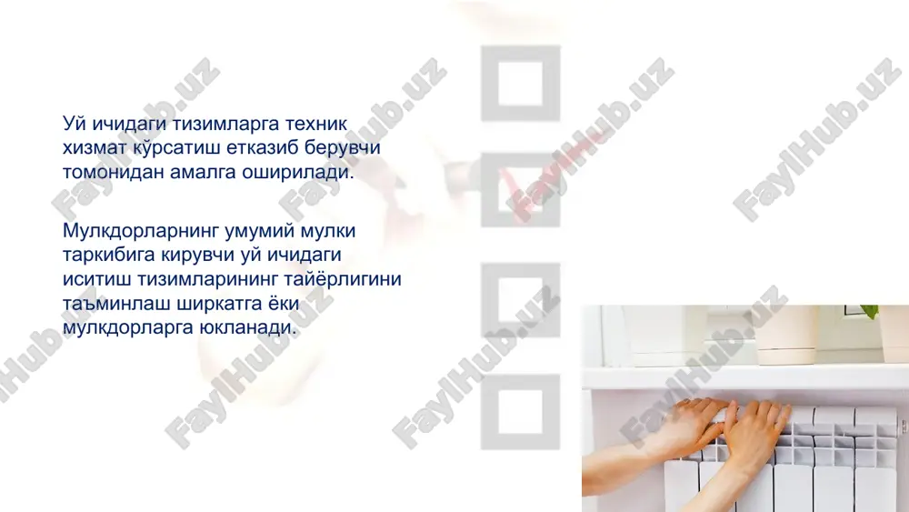 iriladi. ichimlik suvi ta'minoti va kanalizatsiya tizimlariga o'zboshimchalik bilan ulangan iste'molchi vakolatli tashkilot tomonidan tarmoqdan uziladi va qayta ulashda bazaviy hisoblash miqdorining ikki baravari miqdorida to'lov undiriladi. faoliyat ko'rsatayotgan ichimlik suv ta'minoti va kanalizatsiya tizimlariga o'zboshimchalik bilan ulanib olish, shuningdek, ushbu tizimlardan o'zboshimchalik bilan foydalanish taqiqlanadi. xona turar joydan noturar joy toifasiga o'tkazilganda iste'molchi suvni berish va oqova suvlarni qabul qilishga etti kun muddatda shartnoma tuzishi, hisoblash asbobini o'rnatishi va ro'yxatdan o'tkazishi shart. markaziy kommunal suv ta'minoti va oqova suvni chiqarish tizimiga ulangan yoki yangidan ulanayotgan iste'molchilarga xizmat ko'rsatish vakolatli tashkilot tomonidan suvni hisobga olish asboblari o'rnatilgan holda amalga oshiriladi. suvni hisobga olish asbobini tekshirishlar oralig'i: jismoniy shaxslarning hisoblash asbobi uchun — 8 yilni; yuridik shaxslarning hisoblash asbobi uchun — 4 yilni tashkil qiladi. bosimning o'zgaruvchan farqi sarflarini aniqlovchi elektron hisoblagichlar (difmanometrlar), ultratovushli, elektr magnitli, uyurmali va boshqa turdagi hisoblagichlar uchun tekshirishlar oralig'i — 1 yildan iborat bo'ladi. suv o'lchash …
