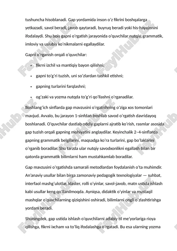 2.1. gap haqida tushuncha va uning o‘quvchilarga berilishi gap – mazmunan va grammatik jihatdan tugallangan fikrni ifodalovchi so‘zlar yig‘indisidir. boshlang‘ich sinf o‘quvchilariga gap haqidagi dastlabki bilimlar 1-sinfdan boshlab sodda misollar orqali beriladi. masalan: ona keldi. bolalar o‘ynayapti. bog‘da gullar ochildi. o‘quvchilar gapni so‘zlardan tuzish, gapning tugallangan fikr ifodalashini anglashlari muhimdir. gap — nutqning eng asosiy birligi bo‘lib, mazmunan va grammatik jihatdan tugallangan fikrni ifodalaydi. o‘quvchi savodxonligini shakllantirishda gap tushunchasi eng zarur bilimlardan biri hisoblanadi. chunki o‘quvchilar nutqni so‘zlardan emas, balki gaplardan tashkil topgan holda o‘rganadilar. gapning mohiyati gap ikki asosiy belgiga ega: 1. mazmuniy tugallik – gap biror voqea-hodisa, fikr yoki savolni to‘liq ifodalaydi. masalan: o‘quvchilar dars tayyorlamoqda. 2. grammatik tugallik – gap so‘zlar sintaktik jihatdan bog‘lanib keladi va intonatsiya orqali tugallangan fikrni ifodalaydi. shunday qilib, o‘quvchilar gapni o‘rganish orqali nutqiy fikrlash, so‘z boyligini to‘g‘ri qo‘llash va yozma savodxonlik asoslarini egallaydilar. gapni o‘quvchilarga berish jarayoni boshlang‘ich sinfda gap mavzusi oddiydan …