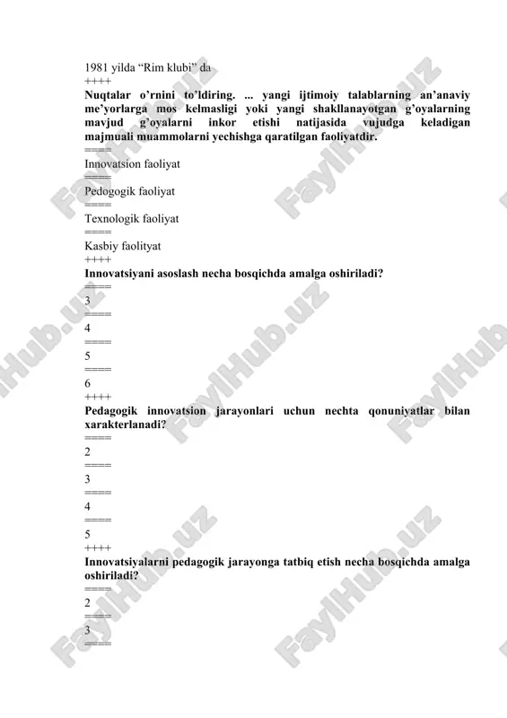 oli bayon qilish, bilimlarni muammoli bayon qilishning ma’lum bosqichlarida talabalarni izlanishga undash, kichik ilmiy tadqiqotlarni olib borish. ular qanday ta’limning turlari sanaladi? ==== hamkorlik ta’limining ==== muammoli ta’limning ==== mustaqil ta’limning ==== interfaol ta’limning ++++ muammoli bayon, evristik suhbat, muammoli namoyish, izlanishga asoslangan amaliy mashg’ulot, ijodiy topshiriq, xayoliy muammoli tajriba, muammo farazlarini shakllantirish, masalalarni muammoli yechish, muammoli vazifa, muammoli o’yin. ular qanday ta’lim texnologiyalarining turlari hisoblanadi? ==== dasturiy ta’lim texnologiyalarining ==== muammoli ta’lim texnologiyalarining ==== rivojlantiruvchi ta’lim texnologiyalarining ==== tabaqalashtirilgan ta’lim texnologiyalarining ++++ tadqiqot metodi, evristik metod, muammoli vaziyatlarni yaratish metodi, muammoli bayon qilish metodi, ijodiy metod, qisman ijodiy metod. ular qanday ta’limning metodlari hisoblanadi? ==== dasturiy ta’lim metodlari ==== muammoli ta’lim metodlari ==== rivojlantiruvchi ta’lim metodlari ==== tabaqalashtirilgan ta’lim metodlari ++++ hal qilinishi zarur, biroq, hali yechish usuli noma’lum bo’lgan pedagogik xarakterdagi masala qanday nomlanadi? ==== ijtimoiy muammo ==== pedagogik muammo ==== ilmiy muammo ==== iqtisodiy muammo ++++ talabaning …