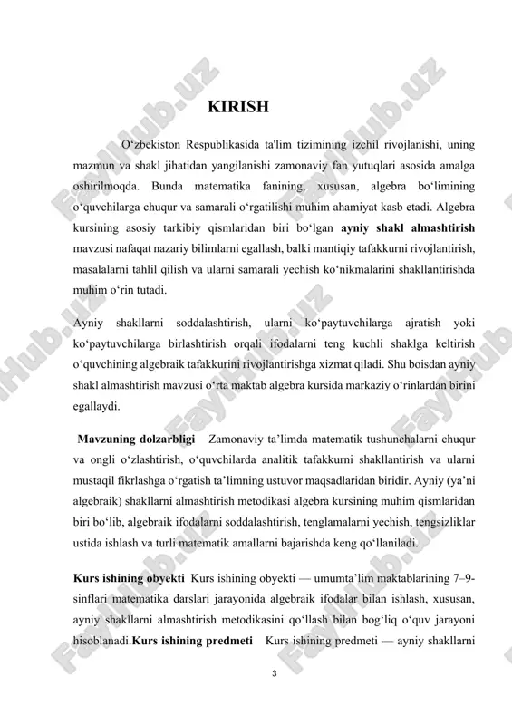 -bob. ii.bob .maktabda ayniy shakli almashtirishni trigonometriyada qo’llash i.bob. ayniy shakl almashtirish nazariy asoslari 1.1. ayniy shakli almashtirish tushunchasi va mohiyati 1. ayniy shaklni almashtirish nima? ayniy shaklni almashtirish — bu algebraik ifodani unga aynan teng bo‘lgan boshqa shaklga o‘zgartirish (ya’ni soddalashtirish yoki ko‘paytuvchilarga ajratish) jarayonidir. bu jarayon davomida ifodaning matematik qiymati o‘zgarmaydi, faqat ko‘rinishi o‘zgaradi. ayniy so‘zi doimo rost bo‘lgan matematik tenglikni bildiradi, shuning uchun bu shakl almashtirish natijasida hosil bo‘lgan yangi ifoda asl ifoda bilan ekvivalent (ya'ni bir xil qiymatli) bo‘ladi. ta’rif:ayniy shaklni almashtirish — algebraik ifodaning teng bo‘lgan boshqa ko‘rinishga keltirilishidir, bunda ifodaning mazmuni o‘zgarmaydi, faqat shakli o‘zgaradi. 2. ayniy shaklni almashtirishga misollar misol 1: kvadratlar ayirmasi - 9 = (x - 3)(x + 3) misol 2: kvadrat to‘liq kvadratga keltirish + 6x + 9 = misol 3: umumiy ko‘paytuvchini ajratish 2x + 4 = 2(x + 2) bu misollar orqali ko‘rinadiki, ayniy shakl almashtirishda algebraik ifoda …