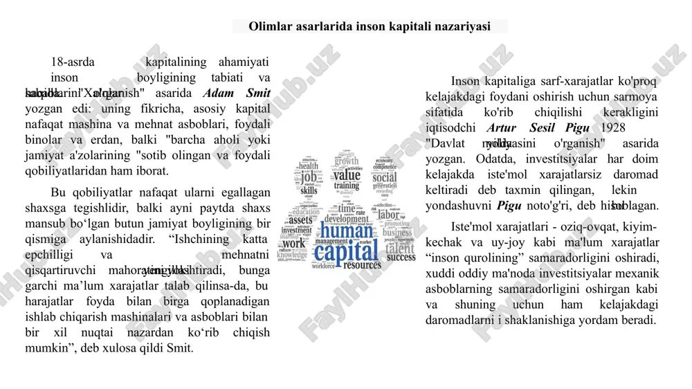 am beradi, baholashga fikricha, ta'lim hayotini shultsning ishlash va shaxsiy ishlarini odamlarning boshqarishda foydalanadigan qobiliyatlarini ham yaxshilashi mumkin — va bunday yaxshilanishlar milliy daromadni oshirishga yordam beradi. zamonaviy iqtisodiy tizimning eng o'ziga xos xususiyati bu inson kapitalining o'sishidir, chunki odamlarga katta sarmoya kiritmasdan muvaffaqiyatli qishloq xo'jaligi va rivojlangan sanoatga ega bo'lish mumkin emas, ta'kidladi shults. inson marksistik kapitali kontseptsiyasi "sinfiy kurash" ning muvaffaqiyatsizligini va kapitalning marksistik tushunchasini faqat "pul ishlab chiqaradigan pul" deb bilvosita tushuntirdi: ishchilar ham kapitalistlardir, lekin ular korporatsiyalarning bir qismiga egalik qilgani uchun emas, balki ko'nikmalarga va iqtisodiy ahamiyatli bo'lgan bilimlar ega bo'lganlari uchun. bu bilim va ko'nikma ko'p jihatdan investitsiyalar mahsuli bo'lib, texnologik jihatdan rivojlangan mamlakatlarning ishlab chiqarish ustunligini tushuntiradi, deb ta'kidladi shults: inson kapitali o'smagan holda, iqtisodiyotda faqat og'ir qo'l mehnati va qashshoqlik bo'lar edi, mulkdan daromad oladiganlar bundan mustasno. shaxsiy inson kapitalining to'planishi individual iqtisodiy o'sishga (daromadning o'sishiga) olib kelganidek, xuddi shu narsa tegishli …
