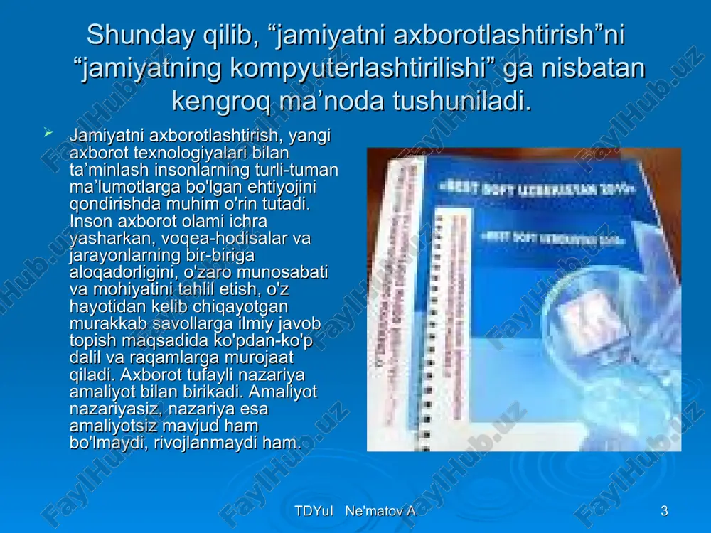 k tadbir emas, u rivojlanishning zarur vositasidir va axborotli muhitning hozirgi rivojlanish darajasi­dagi holatini informatikasiz qo'llab bo'lmaydi. axborotlarni tez, sifatli yig'ish, saqlash, qayta ishlash va uzatish kabi vazifalarni bajarishda hisoblash texnikasining xizmati beqiyos ekanligiga ish­onch hosil qilinmoqda. respublikamizning mustaqilligi va uning jahon hamjamiyatidagi obro'yi ortib borayotganligi va shu tufayli, axborotlarni nafaqat davlatimiz ichida, balki dunyodagi boshqa davlatlar bilan almashinuvi masalasining ijobiy hal etilishi, bu axborotlar respublikamizning iqtisodiy va ijtimoiy ahvolini yuksaltirishga qaratilganligidir. tdyui ne'matov a tdyui ne'matov a * bugungi kunda butun jahonda bu borada katta ishlar amalga oshirilmoqda. aloqa sohasida ham axborot texnologiyalari yangi pog'onaga ko'tarilmoqda. bu o'rinda elektron pochta, elektron hujjat alohida ahamiyatga ega. elektron pochta o'zaro bog'langan kompyuterlar tarmog'i yordamida matbuot xabarlari (matn, rasm, chizma) va hatto tovushli axborotni foydalanuvchiga yetkazish uchun xizmat qiladi. shuningdek, u istalgan vaqtda kerakli ma’lumotni izlash va undan foydalanish imkonini beradi. elektron hujjat - elektron shaklda qayd etilgan, elektron raqamli imzo bilan …