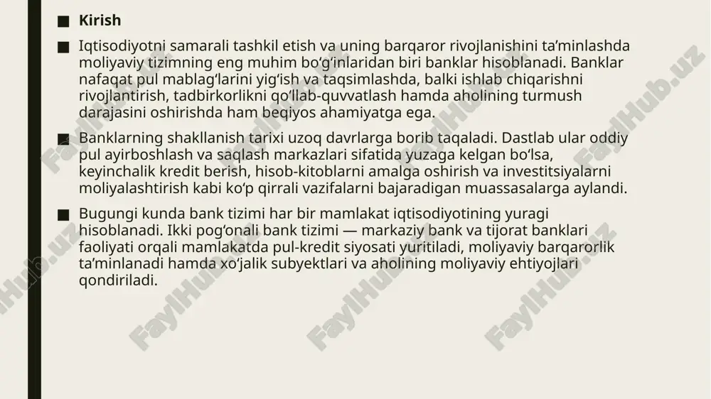 a, haqiqiy bank tizimining shakllanishi xx asrning ikkinchi yarmida, sovet davrida amalga oshirildi. mustaqillik yillarida esa o‘zbekiston o‘z milliy ikki pog‘onali bank tizimini yaratdi: markaziy bank va tijorat banklari faoliyati yo‘lga qo‘yildi. shunday qilib, banklarning shakllanish tarixi uzoq asrlarni o‘z ichiga oladi. dastlabki oddiy saqlash va ayirboshlash markazlaridan boshlangan bu jarayon bugungi kunda rivojlangan, zamonaviy texnologiyalar asosida ishlaydigan, mamlakat iqtisodiyotining ajralmas qismiga aylangan bank tizimiga olib keldi. banklar hozirgi davrda nafaqat moliyaviy vositachilikni, balki iqtisodiy rivojlanish va ijtimoiy barqarorlikni ta’minlovchi muhim institut vazifasini bajarmoqda. 2.bank tizimi tushunchasi bank tizimi — bu mamlakat hududida faoliyat yurituvchi banklar va bank faoliyati bilan shug‘ullanuvchi moliyaviy institutlar majmui bo‘lib, ularning o‘zaro munosabatlari, boshqaruv mexanizmlari hamda davlat tomonidan tartibga solish tizimidan iboratdir. bank tizimi iqtisodiyotning “qon tomirlari” hisoblanib, unda pul mablag‘lari aylanishi, kreditlash jarayonlari, hisob-kitoblar, investitsiyalarni moliyalashtirish va aholining jamg‘armalarini jalb etish kabi muhim vazifalar amalga oshiriladi. bank tizimi mamlakat iqtisodiy xavfsizligini ta’minlash, moliyaviy barqarorlikni …