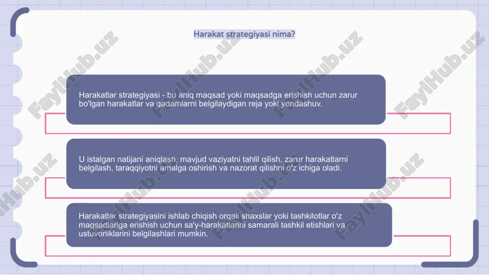 uhimdir. harakatlar strategiyasi rivojlanish maqsadlari va vazifalariga erishish uchun zarur bo'lgan qadamlar va chora-tadbirlarni belgilaydi. barqaror rivojlanish natijalariga erishish uchun aniq va aniq belgilangan harakatlar strategiyasini ishlab chiqish zarur. harakatlar strategiyasini muvaffaqiyatli amalga oshirish bo'yicha amaliy tadqiqotlar harakatlar strategiyasini muvaffaqiyatli amalga oshirish ijobiy natijalarni ta'minlash uchun ehtiyotkorlik bilan rejalashtirish, bajarish va baholashni talab qiladi. keys tadqiqotlari tashkilotlarning harakat strategiyalarini qanday muvaffaqiyatli amalga oshirganliklari va o‘z maqsadlariga erishganliklari haqida qimmatli tushunchalar beradi. ushbu amaliy tadqiqotlardan boshqa tashkilotlarga o'zlarining harakatlar strategiyasini amalga oshirishda yo'l-yo'riq ko'rsatish uchun asosiy o'rganishlar va eng yaxshi amaliyotlarni aniqlash mumkin. harakat strategiyalarining ta'sirini o'lchash harakatlar strategiyalari rivojlanish va kerakli natijalarga erishishda hal qiluvchi rol o'ynaydi. biroq, ularning ta'sirini o'lchash ularning samaradorligini baholash uchun bir xil darajada muhimdir. harakatlar strategiyalarining ta'sirini o'lchash uchun keng qamrovli asosni ishlab chiqish qimmatli tushunchalarni taqdim etishi va qaror qabul qiluvchilarga ongli tanlov qilishda yordam berishi mumkin. asosiy ko'rsatkichlarni tahlil qilish va taraqqiyotni kuzatish …