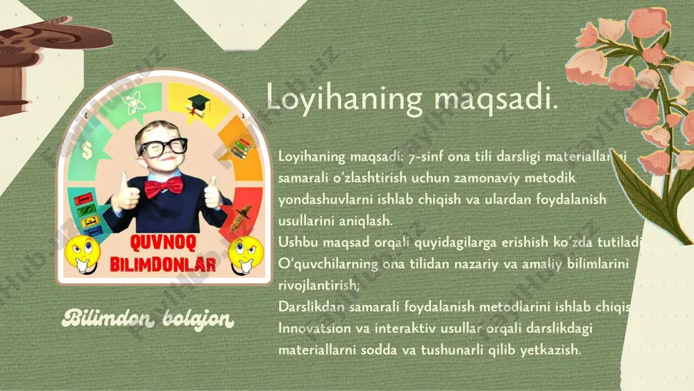 bog‘liq biror kichik she’r yoki maqol aytib, o‘quvchilar fikrini mavzuga jalb qilish mumkin: "bugungi darsimizda so‘zlarning ahamiyatini o‘rganamiz. bir maqol eslaylik: 'til — dilning kaliti'. nima deb o‘ylaysiz, bu nimani bildiradi?" bu usullar yordamida o‘quvchilarni darsga tayyor holatda faol ishtirok etishga jalb qilish mumkin. o‘quvchilar bilan salomlashish va ularni dars jarayoniga olib kirish uchun usul. 3. o‘qituvchi tomonidan tahlil: javoblarning to‘g‘riligini aniqlab, har bir belgilanma olmoshini izohlaydi. “hammasi”, “hech biri”, “bari” kabi olmoshlar ishlatilishidagi xatolarga diqqat qaratadi. 4. kamchiliklarni tushuntirish: xato ishlatilgan jumlalarni misol tariqasida ko‘rib chiqish va to‘g‘rilab berish. belgilanma olmoshlarining o‘ziga xos jihatlarini yana bir bor tushuntirish. 5. baholash va xulosa qilish: dastlabki to‘g‘ri javoblar uchun o‘quvchilarni rag‘batlantirish. yangi topshiriqni belgilanma olmoshlar haqida chuqurroq bilim olish uchun tavsiya etish (masalan: gaplar tuzib kelish). uyga vazifani tekshirish jarayoni (belgilash olmoshlari bo‘yicha): 1. uyga vazifa haqida eslatish: o‘quvchilarga uyda qanday topshiriq berilganini qayta eslatish (masalan: belgilanma olmoshlarini aniqlash, jumla tuzish …