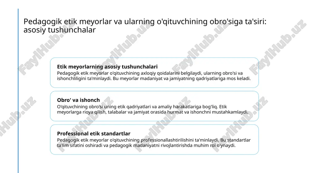 gogik etika — bu ta’lim-tarbiya jarayonida ishtirok etuvchi shaxslar, ya’ni o‘qituvchilar, o‘quvchilar va ota-onalar o‘rtasidagi axloqiy munosabatlarni tartibga soluvchi axloqiy prinsiplar, qoidalar va me’yorlar majmuasidir. bu soha pedagogik faoliyatda axloqiy qadriyatlar, shaxsiy mas'uliyat, odob-axloq me’yorlari va professional burchlarni o‘z ichiga oladi. pedagogik etika nafaqat o‘qituvchining kasbiy faoliyatini tartibga soladi, balki uning shaxsiy fazilatlarini, jamiyat oldidagi javobgarligini, o‘quvchilarga nisbatan bo‘lgan munosabatini ham belgilab beradi. pedagogik etikaning asosiy mazmuni o‘qituvchi va o‘quvchi o‘rtasidagi axloqiy munosabatlarni shakllantirishga qaratilgan. bu munosabatlar hurmat, ishonch, halollik, adolat, sabr-toqat, bag‘rikenglik, samimiylik kabi axloqiy fazilatlarga asoslanadi. o'qituvchi shaxsining professional obro'sini shakllantirishdagi etik standartlar etik qoidalar o'qituvchining professional obro'sini shakllantirishda etik qoidalar muhim rol o'ynaydi. ular halollik, adolat va mas'uliyatni ta'minlab, ta'lim sifatini oshiradi. yakuniy namuna o'qituvchi o'z shaxsiy va professional xususiyatlarini yuqori darajada namoyish etib, o'quvchilarga yaxshi misol bo'lishi bilan obro'sini mustahkamlaydi. muloqot va hurmat etika asosida o'qituvchi va talaba o'rtasidagi ochiq va hurmatga asoslangan muloqot, ishonch va …