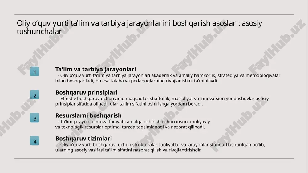 roli pedagoglarning vazifasi hamkorlik muhimligi talabalar ta'lim jarayonida faol ishtirok etib, o'z bilim va ko'nikmalarini rivojlantiradi. ular o'qituvchilarning metodlariga moslashib, muammolarni hal qilishda muhim rol o'ynaydi. pedagoglar bilim berish va rivojlantirishda asosiy mas'uliyatni oladi. ular talabalarning qiziqishlarini aniqlab, samarali ta'lim muhitini yaratadi. talaba va pedagog o'rtasidagi samarali hamkorlik ta'lim jarayonining muvaffaqiyatini oshiradi. ular fikr almashib, o'zaro tushunishni mustahkamlashga intiladi. boshqaruvdagi muammolar va ularni hal qilish uchun samarali yondashuvlar muammolarni aniqlash boshqaruvdagi muammolarni aniqlash uchun joriy jarayonlarni tahlil qilish va xodimlar bilan muloqot qilish muhim. bu yordamida asosiy muammolar va ularning sabablarini aniqlash mumkin. resurs yetishmovchiligi resurslarning cheklanganligi, moliyaviy va inson resurslarining yetishmasligi boshqaruv samaradorligini pasaytiradi. rivojlanish uchun innovatsion yondashuvlar talab qilinadi. innovatsion yondashuvlar muammolarni hal qilishda zamonaviy texnologiyalar va strategiyalarni joriy etish, jamoaviy ishni kuchaytirish va muammolarga yaratuvchan yondashuvlar muhim. oliy oʻquv yurti ta'lim va tarbiya jarayonlarining baholash va nazorat usullari 1 baholash usullari oliy oʻquv yurti ta'lim va tarbiya …