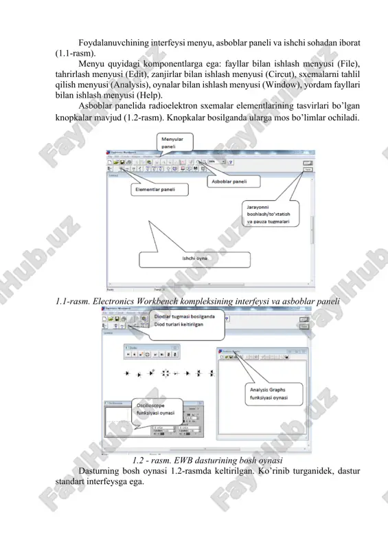 lash dasturlari qatorida o’quv yurtlarida eng ko’p qo’llaniladigan dasturlardan biri interactive image technologies firmasining electronics workbench dasturidir. zanjir elementlarining ma’lumotlar bazasi ko’plab elementlar - rezistorlar, kondensatorlar, g’altaklar, diodlar, tranzistorlar, mantiqiy elementlar, mikrosxemalar va boshqa elementar to’g’risidagi ma’lumotlarni o’z ichiga olgan. ma’lumotlar bazasidagi har bir element o’zining ekvivalent sxemasi va parametrlarining tavsifiga ega. qurilmaning sxemasini kiritish uchun ma’lumotlar bazasidan kerakli elementlar olinadi (chaqiriladi). ekranda elementning shartli belgisi, nomi (turi) va asosiy parametrlari hosil bo’ladi. elementlar bir-biriga simlar bilan ulanadi. modellash dasturida sxemaning ichki tavsifi hosil qilinadi. u sxemadagi elementlar, har bir element ulangan tugunlarning tartib raqamlari, har bir elementning parametrlari va boshqa zarur qo’shimcha axborotlarni o’z ichiga oladi. sxemaning tugunlariga tartib raqamlar avtomatik tarzda berib boriladi. sxemaning korpusiga, odatda, 0 tartib raqami beriladi. electronics workbench dasturining interfeysi electronics workbench (ewb) dasturi real vaqt masshtabida ishlovchi, o’lchash asboblari bilan jihozlangan tadqiqotchining real ish joyi-radioelektron laboratoriyani imitatsiya qiladi. dastur yordamida har qanday murakkablikdagi …