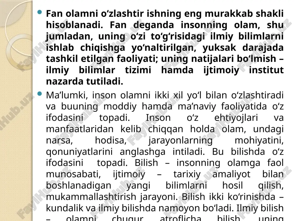 ga ta’siri masalasiga falsafiy yondashish, uning ijtimoiy ongning boshqa shakllari bilan uzviy aloqadorlikda jamiyatga ta’sir qilishni hisobga olish talab etiladi. fanning jamiyatdagi o‘rni masalasi ikki o‘zaro bir-biriga tubdan zid bo‘lgan falsafiy yo‘nalishlar sientizm va antissienizmda o‘z ifodosini topgan. sientizm tarafdorlari fanni eng yuksak qadriyat, deb hisoblaydilar, ilm-fanning ijtimoiy xayotdagi o‘rnini mutlaqlashtiradilar. antissientizm falsafiy yo‘nalishi fanning jamiyatdagi o‘rnini inkor etadi, uning salbiy oqibatlarini mutlaqlashtiradi. fan haqidagi bu ikki xilqarash bir yoqlama, cheklangan nuqtai-nazar ifodasi hisoblanadi. aslida fan, uning jamiyatga ta’siri masalasiga falsafiy yondashuv talab qilinadi. unga ko‘ra fan haqiqatan ham ijtimoiy taraqqiyotning muhim omili ekanligi, ayni vaqtda uning jamiyatga ijtimoiy ongning boshqa shakllari bilan aloqadorlikda ta’sir qilishini hisobga olish talab etiladi. fanning jamiyatdagi o‘rni ijtimoiy tarixiy taraqqiyotning turlicha davrlarida turlicha bo‘lgan. bu xolatni sivilizatsiyalar tarixi misolida ko‘rish mumkin. e’tiboringiz uzun raxmat! ergasheva noila olimjonovna image2.jpg image3.jpg image4.jpg image5.jpg image6.jpg image7.jpg /docprops/thumbnail.jpeg