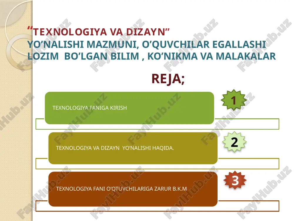 am mumkin emas. dast avval moddiy ishlab chiqarish ehtiyojlari fanning shakllanishi va taraqqiyotiga ta’sir ko‘rsatgan. ayni vaqtda fan jamiyat hayotining barcha tomonlariga, ijtimoiy taraqqiyotga ta’sir ko‘rsatadi. buyuk ilmiy kashfiyotlar, ular bilan bog‘liq ravishda texnika, texnologiya rivoji insoniyat rivojini ta’minlaydigan muhim omil hisoblanadi. ilmiy bilishdan maqsad – chin ilmiy bilimlarni qo‘lga kiritish hisoblanadi. amaliyotda o‘z isbotini topgan bilimlargina chin bilimlar hisoblanadi va ular fan mazmunida o‘z ifodasini topadi. texnologiya fanida dars taqsimoti. umumiy o‘rta ta’lim maktablarining o‘quv rejasida mehnat ta’limi o‘quv faniga 1-4-sinflarda haftasiga 1 soatdan, 5-7-sinflarda 2 soatdan va 8-9-sinflarda 1 soatdan vaqt yuklamasi ajratilgan. hammasi bo‘lib bir yilga 407 soat o‘quv yuklamasi bajarilishi belgilangan. 8-9 sinflarda “xalq hunarmandchiligi”, “ishlab chiqarish asoslari” bo‘limlarida o‘quvchilarga xalq hunarmandchiligini zamonaviy dizayn ko‘rinishida mahsulot tayyorlash va ularni bozor munosabatlariga o‘rgatish kiritildi shu o‘rinda o‘quvchilarni kasb-hunarni to‘g‘ri tanlashga yo‘naltirish maqsadida “mehnat ta‘limi" fani ham “texnologiya” fani deb o‘zgartirildi va bugungi kun talabidan kelib chiqib, ko‘p …