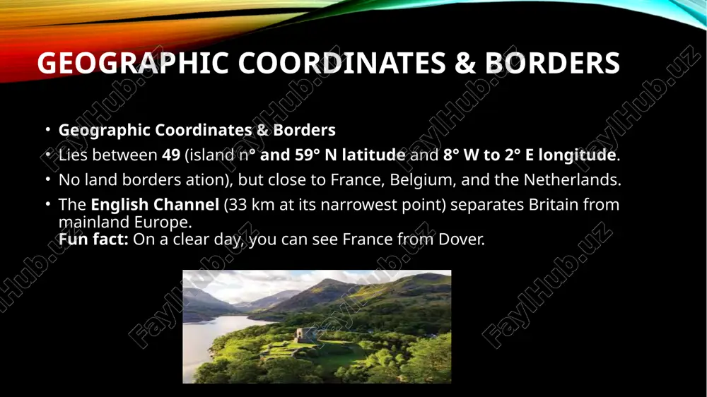 ography nurtured strong naval traditions. landscape inspired poets (wordsworth in the lake district, burns in scotland). fun fact: stonehenge was built on salisbury plain over 4,000 years ago – its purpose still a mystery. conclusion great britain’s geography = key to its identity. island location gave safety but encouraged exploration. contrast of highlands and lowlands created regional diversity. climate and coasts shaped economy, settlement, and lifestyle. britain is proof that geography defines destiny. references: dudkina, n.v. (red.). stranovedenie velikobritanii i ssha: uchebno-metodicheskiy kompleks. chast 1. – minsk. dudkina, n.v. (red.). stranovedenie velikobritanii i ssha: uchebno-metodicheskiy kompleks. chast 2. – minsk. encyclopaedia britannica (2024 edition). ordnance survey maps of great britain. thank you for attention ! . image2.png image3.jpeg image4.jpeg image5.jpeg image6.jpeg image7.jpeg image8.jpeg image9.jpeg image10.jpeg image11.jpeg image12.jpeg image13.jpeg image14.jpeg image15.jpeg image16.jpeg image17.jpeg image18.jpeg image19.jpeg image20.jpeg image21.jpeg image22.jpeg image23.jpeg image24.jpeg image1.png /docprops/thumbnail.jpeg