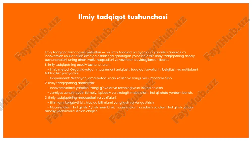 miyatga ega. yutuqlar va hissalar ilmiy tadqiqotlar orqali erishilgan yutuqlar mamlakatimiz rivojlanishiga katta hissa qo'shadi. masalan, yangi dorivor moddalar, energiya manbalari va qishloq xo'jaligi texnologiyalari kiritilishi orqali hayot sifatini oshirish mumkin. bunday yutuqlar nafaqat iqtisodiyotda, balki jamiyatda ham ijobiy o'zgarishlarni keltirib chiqaradi. photo by thomas lefebvre on unsplash ilmiy tadqiqotning kelajagi ilmiy tadqiqotning kelajagi yangi texnologiyalar va metodlarning rivojlanish tendensiyalariga bog'liq. ushbu tendensiyalar ilmiy tadqiqot jarayonlarini yanada samarali va tezkor qilishga xizmat qiladi. sun'iy intellekt va katta ma'lumotlar ilmiy tadqiqotlarda muammolarni hal qilish uchun yangicha yondashuvlarni keltirib chiqaradi. bu, tadqiqot natijalarining sifatini oshiradi va yangi imkoniyatlarni ochadi. kelajakda ilmiy tadqiqotlar ko'proq interdisipliner yondashuvlarga intiladi, bu esa turli fanlar o'rtasidagi hamkorlikni kuchaytiradi va yangi g'oyalarni rivojlantirishga yordam beradi. xalqaro hamkorlik va ochiq ilmiy tadqiqotlar ilmiy jamiyatni yanada rivojlantirishga yordam beradi, bu esa tadqiqotlar natijalarini kengaytiradi va ularni global darajada tarqatishga imkon beradi. 01 03 02 04 ilmiy tadqiqot bosqichlari: kirish ilmiy …