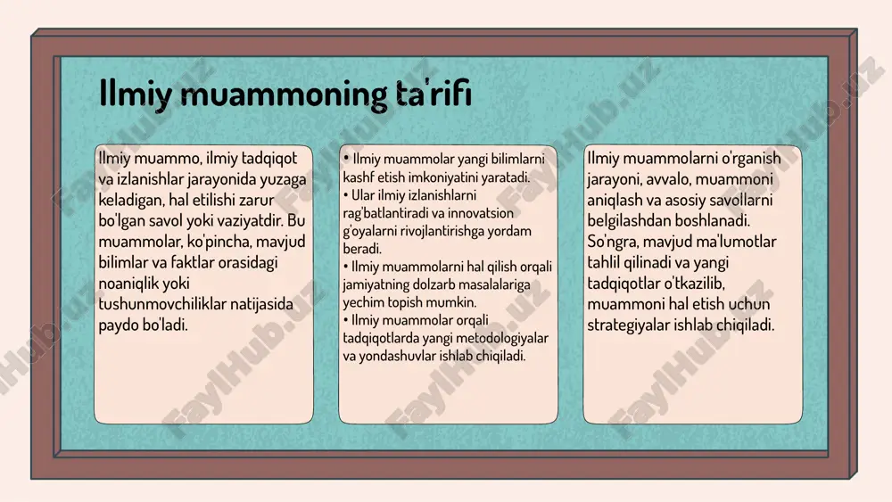 o'rganish darajasi ilmiy tadqiqotlar uchun juda muhim ahamiyatga ega. agar muammo to‘g‘ri o‘rganilmasa, bu tadqiqotning natijalari samarali bo'lmaydi va ilmiy sohada qiyinchiliklarga olib kelishi mumkin. masalan, ilgari o‘rganilmagan muammolarni o‘rganish yangiliklar va g‘oyalar keltiradi. o'rganilganlik darajasini baholash mezonlari quyidagilarni o'z ichiga oladi: tajribalar, nazariyalar va mavjud bilimlar. masalan, biror muammoni o'rganishda tajribalar orqali olinadigan ma'lumotlar va nazariyalar bilan solishtirish muammoni chuqurroq tushunishga yordam beradi. bu mezonlar muammoni o‘rganishda muhim ko‘rsatkichlar sifatida xizmat qiladi. o'rganilganlik darajasi innovatsion jarayonlarga bevosita ta'sir ko'rsatadi. yaxshi o'rganilgan muammolar yangi yechimlar ishlab chiqishga imkon beradi va natijada innovatsiyalarni tezlashtiradi. masalan, ilmiy tadqiqotlarning samarali natijalari ko'plab yangi texnologiyalarning paydo bo'lishiga olib keldi. ilmiy muammo va tadqiqot ilmiy muammolarni o'rganish jarayoni ilmiy tadqiqotlar orqali amalga oshiriladi. bu jarayonda muammolarni aniqlash, tahlil qilish va yechim topish uchun turli metodologiyalar qo'llaniladi. o'rganilgan muammolar yangi ilmiy g'oyalarni shakllantirishga imkon beradi, bu esa ilm-fanning rivojiga ijobiy ta'sir ko'rsatadi. ilmiy tadqiqotlarning o'ziga xos …