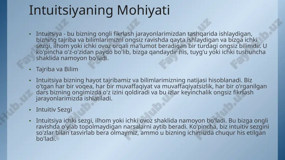 vishda sizga biror narsa to'g'ri bo'lib tuyuladi. bu intuitiv sezgi sizga loyihani muvaffaqiyatli amalga oshirishga yordam beradi. echimlar siz qandaydir muammo bilan duch kelganingizda, sizning intuitsiyangiz sizga echim topishga yordam beradi. bu echimlar sizning ongli ravishda o'ylab topolmaydigan bo'lishi mumkin, ammo ular to'g'ri bo'ladi. ijod siz badiiy asar yaratayotganingizda, intuitsiyangiz sizga ranglar, shakllar va kompozitsiyani tanlashga yordam beradi. natijada, sizning asaringiz o'ziga xos va jozibali bo'ladi intuitsiya va ruhiy holatlar bizning ruhiy holatimiz ham intuitsiyamizni shakllantiradi. kayfiyatimiz yaxshi bo'lganda, bizning intuitiv sezgiimiz kuchayadi, chunki bizning ongimiz tinch va xotirjam bo'ladi. aksincha, kayfiyatimiz yomon bo'lganda, bizning intuitiv sezgiimiz sustlashadi, chunki bizning ongimiz tashvish va xavotir bilan band bo'ladi. 8 xursandchilik xursandchilik kayfiyatida bizning intuitsiyamiz yanada aniqroq bo'ladi. biz o'zimizni osonroq his qilamiz va to'g'ri qarorlar qabul qilish qobiliyatimiz kuchayadi. qo'rquv qo'rquv kayfiyatida bizning intuitsiyamiz xavfga moyil bo'ladi. qo'rquv bizning ongimizni xavotirga solib, to'g'ri qarorlar qabul qilish qobiliyatimizni pasaytiradi g'amginlik g'amginlik kayfiyatida …