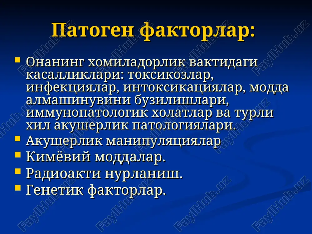 choklarni ajralishi , grefe simptomi. davolash miyada kislorod etishmasligini yuk kilish, buning uchun reanimatsiyani turli usullari kullaniladi (persianinova metodi, apparatli suniy nafas). medikamentoz terapiya: degidratatsion, yurak preparatlari, sedativ vositalar, gormonal, vitamin preparatlar. kalla kutisi ichi tugruk jaroxatlari kalla kutisi ichi tugma jaroxatlari— yigma tushuncha bulib etiologiya va patogenezi buyicha farklanuvchi va klinik belgilari turli xil markaziy nerv tizimini tugruk davridagi uzgarishlarini uz ichiga kamrab oladi. kalla kutisi ichi tugma jaroxatlariga kiradi: miya tukimasiga va pardalariga kon kuyilishlari, xamda nerv tizimini struktur uzgarishlarini keltirib chikaruvchi miya kon aylanishining boshka buzilishlari. etiologiyasi: akusherlik patologiyasini xar xil turlari – chuzilib ketgan yoki tez tugrik, onaning tos ulchamlariga bolani bosh ulchamlari tugri kelmasligi akusherlik tugrukka kumaklashuvchi muolajalarni utkazish texnikasini notugriligi. patogenezi: chakalokning boshi tugruk yullarida uzok vakt kolib ketishi konni etkazilishini uzgarishiga, konni aylanishini kiyinlashishiga va boshning teri osti yog katlamidagi kon tomirlarda, xamda miya sinuslari va tomirlarida dimlanish va kefalogematoma paydo bulishiga olib …