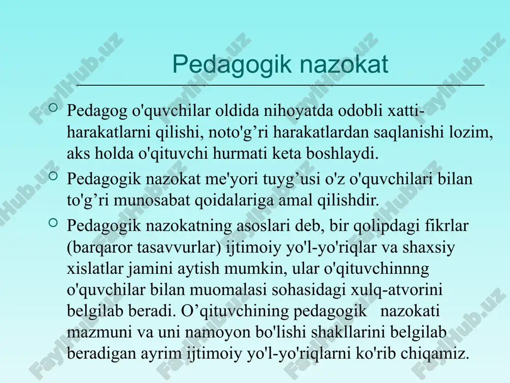 axloq ijtimoiy ong shakllaridan biri bo’lib, inson turmushining barcha soxalarida kishining xulqi, xatti – harakatlarini tartibga solib bashqarib turuvchi, vatanga, mexnatga, mulkka, odamlarga munosabatini bildiruvchi (yunaltiruvchi) qonun – koidalar, yul – yuriklar, mezonlar, pand – nasixatlar yigindisidan iboratdir. axloq umuminsoniy va milliy harakterga ega bo’lib, kishilarning tarixan qaror topgan va har bir odam egallashi lozim bo’lgan axloqiy ideallari, orzu – umidlari to’g’risidagi tasavvurlari, tushunchalari, bilimlari, qarashlarini o’z ichiga oladi. o’qituvchining odob normalari har bir muallimning shaxsiy fikriga, axloqiy fazilati va e‘tikodiga aylanishi lozim. axloqiy e‘tiqod va sifatlar o’qituvchining dars berish jarayonida, tarbiyaviy ishlarda, o’quvchilar, ota – onalar va bashqa kishilar bilan muomala – munosabatlarida, kundalik turmushda o’zining shaxsiy namunasi bilan axloqiy ta‘sir o’tkazishda ko’zga tashlanadi. pedagogik takt o’qituvchi axloqining amaliy ko’rinishlaridan biridir. muallim xulqining natijalari uning yoshlarga axloqiy ta‘sirining samaradorligida, axloqiy tarbiya soxasida erishgan yutuqlarida namoyon bo’ladi. o’qituvchi odobining asosiy sifatlari o’qituvchi odobining asosiy sifatlari umuminsoniy va milliy axloqiy fazilatlar …