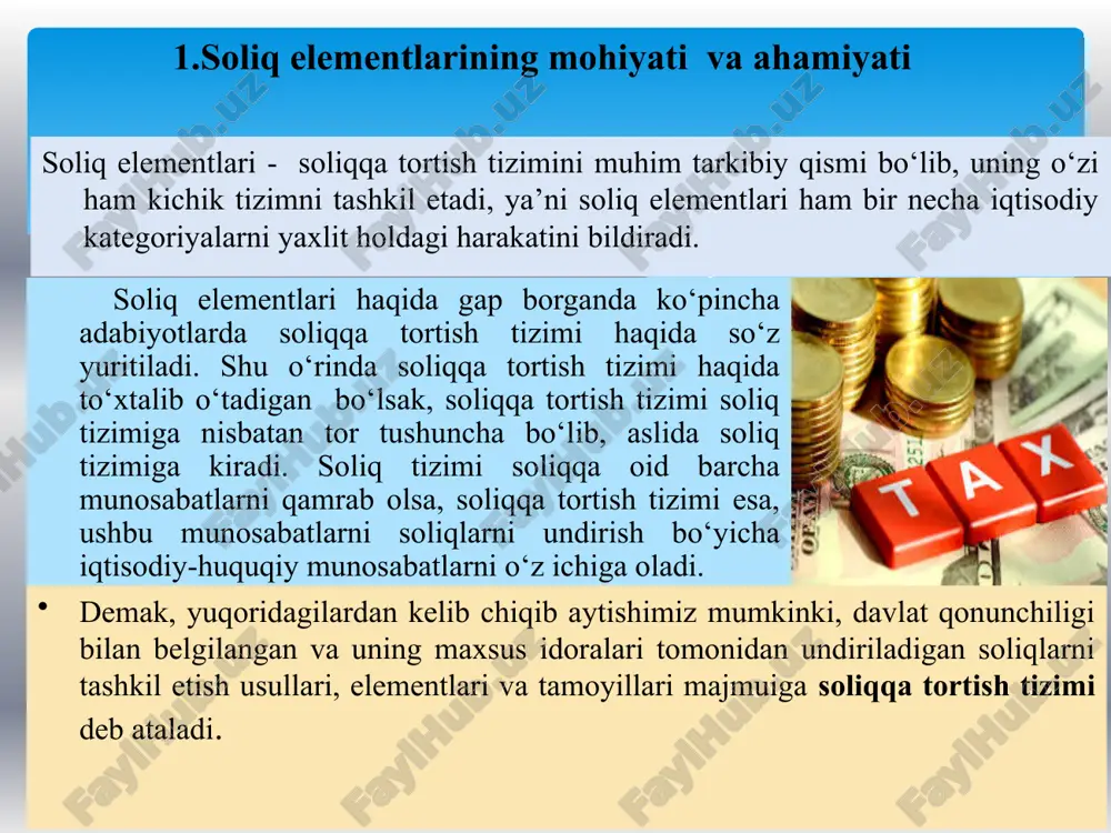 idan belgilab qo‘yilgan me’yordir soliq yuki - soliq to‘lovchining muayyan vaqt oralig‘ida to‘lagan soliqlari yig‘indisini ifodalaydi. bunda soliq to‘lovchilarning to‘laydigan barcha soliqlar va soliqsiz majburiy to‘lovlarining yig‘indisi ifodalanadi. soliq yukining aniq soliq to‘lovchilar zimmasiga qancha to‘g‘ri kelganligini aniqlash ancha murakkab jarayon hisoblanadi 7 1. qat`iy stavkalar 2. nisbiy stavkalar soliq stavkalari ikki xil ko’rinishda bo’ladi soliq elementlari soliq stavkalari - soliq stavkasi bilan soliqqa tortish ob’ekti o‘rtasidagi bog‘liqlik darajasiga qarab 3ga bo’linadi progressiv regressiv soliqqa tortish ob’ekti qanday bo‘lishidan qat’iy nazar soliq stavkasi o‘zgarmaydi. proportsional sliq ob’ektining o‘zgarishi o‘z navbatida soliq stavkasining o‘zgarishiga, ya’ni oshib borishiga olib keladi. soliq ob’ektining oshib borishi bilan soliq stavkasi kamayib boradi soliq imtiyozlari, ularning mohiyati va turlari soliq imtiyozlari - soliq to‘lovchilarga soliqlar bo‘yicha turli xil yengilliklar bo‘lib, ular vaqtinchalik va doimiy, to‘liq yoki qisman va boshqa ko‘rinishlarda berilishi mumkin jahon soliq tizimining asosiy va ajralmas qismlaridan biri bu soliq imtiyozlaridir. har qanday davlatning …