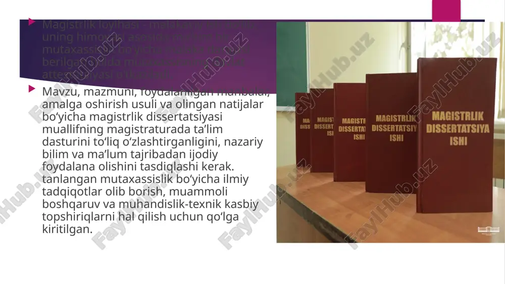 iqishda yordam berishi kerak. talaba va ilmiy qoʻllanma talaba quyidagi huquqlarga ega: kafedra professor-oʻqituvchilari tarkibidan yoki (ikkinchining roziligi bilan) boshqa ilmiy muassasalardan ilmiy rahbar tanlash. shuningdek, ishga har qanday korxonaning yuqori malakali mutaxassisi jalb etilishi mumkin. magistrlik dissertatsiyasini yakunlashning asosiy bosqichlari va mavzu tanlash boʻyicha yetakchi universitet mutaxassislaridan maslahatlar oling. buning uchun uzrli sabablar boʻlsa, rahbarni almashtirish haqida boʻlimga murojaat qiling. talaba kerak: magistr ishini tayyorlash jadvalini buzmang. oliy oʻquv yurti va kafedra talablariga muvofiq yakunlang. uni imtihon komissiyasiga tartibga solish va himoya qilish uchun oʻz vaqtida topshiring. boʻlim talablariga muvofiq xalq himoyasi tartibida ishtirok etish. magistrlik dissertatsiyasining tuzilishi: sarlavha sahifasi; magistrlik loyihasi uchun topshiriq; abstrakt; tarkib; shartli qisqartmalar ro'yxati (agar kerak bo'lsa); intro; bo'limlar; yakuniy xulosalar (tavsiyalar); ishlatilgan manbalar roʻyxati; qoʻshimchalar distratsiya himoyasi ishning tayyorlik darajasini baholash uchun kafedra mudiri bitiruvchini dastlabki himoyaga qabul qilish to’g’risida qaror qabul qiladi. ushbu tartib imtihon komissiyasi yig'ilishidan kamida uch hafta oldin amalga …