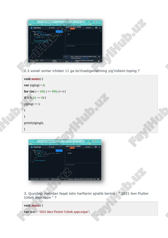 ud va buni qulay tomoni shundagi kompyuteringizga qo'shimcha dasturlar hamda paketlar o'rnatish zarur emas. online muharrirdan fodalanish uchun https://dartpad.dev saytiga kiriladi va 1-rasmdagi web sahifa ochiladi. 1-rasm online muharrirni ishga tushurganimizdan so'ng biz void main() nomli funksiyani ichiga ko'd yozishdan boshlaymiz. dart dasturlash tili yordamida biz masalalarni yechilishini ko'rib o'tamiz: 1.1 dan 99 gacha bo'lgan sonlarning o'rtacha qiymatini toping ? void main() { var yigingi = 0; double orta_qiymat=0; for (int i = 1; i = 48 && a = 65 && a = 97 && a = 48 && a = 65 && a = 97 && a <= 122) { print("latter"); } else { print("0"); } } } 6. quyida kiril alifbosida matn berilgan. uni lotin alifbosiga o'tkazing "akang uje kuchaydi" ? void main() { string text = "akang uji kuchay_di"; var list = []; list.add(text.codeunitat(0)); list.add(text.codeunitat(1)); list.add(text.codeunitat(2)); list.add(text.codeunitat(3)); list.add(text.codeunitat(4)); list.add(text.codeunitat(5)); list.add(text.codeunitat(6)); list.add(text.codeunitat(7)); list.add(text.codeunitat(8)); list.add(text.codeunitat(9)); list.add(text.codeunitat(10)); list.add(text.codeunitat(11)); list.add(text.codeunitat(12)); …