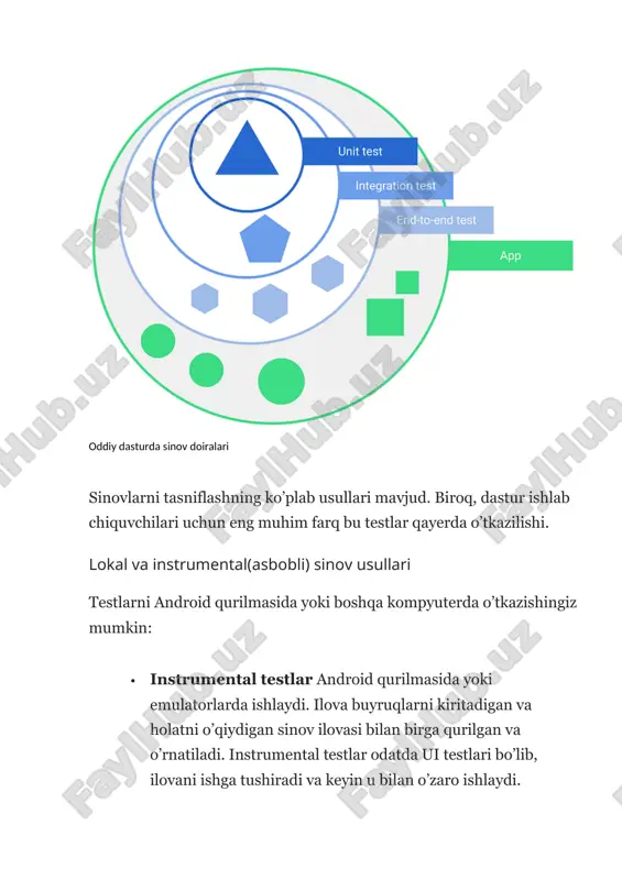 come").assertisdisplayed() ushbu vaziyatda viewmodel uchun unit testining bir qismini ko’rsatadi (lokal, xost tomoni sinovi): // given an instance of myviewmodel val viewmodel = myviewmodel(myfakedatarepository) // when data is loaded viewmodel.loaddata() // then it should be exposing data asserttrue(viewmodel.data != null) sinov strategiyasini aniqlash ideal dunyoda siz ilovangizdagi har bir kod qatorini ilovangiz mos keladigan har bir qurilmada sinab ko’rasiz. afsuski, bu yondashuv amaliy bo’lish uchun juda sekin va qimmat. yaxshi sinov strategiyasi testning ishonchliligi, tezligi va ishonchliligi o’rtasida mos muvozanatni topadi. sinov muhitining haqiqiy qurilmaga o’xshashligi testning ishonchliligini aniqlaydi. yuqori aniqlik testlari emulyatorlarda yoki android qurilmaning o’zida ishlaydi. pastroq aniqlik testlari lokal ish stantsiyangizning jvm-da ishlashi mumkin. yuqori aniqlik testlari odatda sekinroq va ko’proq resurslarni talab qiladi, shuning uchun har bir test yuqori aniqlik testi bo’lmasligi kerak. qattiq sinovlar hatto to’g’ri ishlab chiqilgan va amalga oshirilgan test sinovlarida ham xatolar yuzaga keladi. misol uchun, haqiqiy qurilmada test o’tkazilayotganda, avtomatik yangilanish …