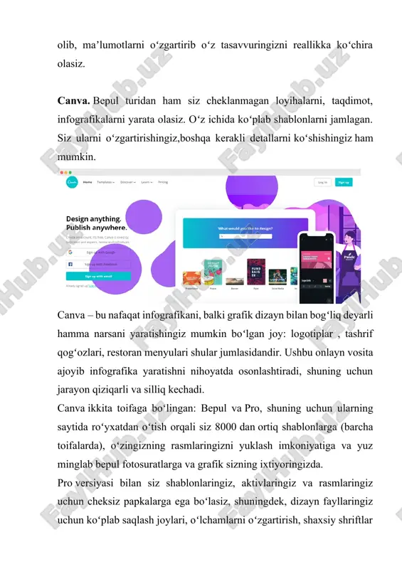 adigan maqolalar va tavsiyalar bilan ham tanishib borishingiz mumkin. adobe spark. fotosuratlar sifati, katta baza mavjud ekanligi va boshqa ilovalarga nisbatan chuqurroq integratsiyalashgani uchun uni koʻplab foydalanuvchilar yoqtirishadi. adobe spark vaqtingizni tejaydi. deyarli barcha mavzudagi shablonlar mavjud ekanligi sababli qisqa vaqtda kerakli koʻrinishdagi infografikani yaratish imkonini qoʻlga kiritasiz. ish jarayonida sizda oddiy koʻrinishdagi infografika paydo boʻladi va unga toʻgʻri ishlov bera olishingiz kerak. ish yakuniga yetgach esa, loyihangizni istalgan formatda saqlay olasiz. adobe spark ning kuchli tomoni shundaki, platformaga qoʻshilgan, kiritilgan yangiliklarni siz bepul versiya yangilashingiz va foydalanishingiz mumkin. adobe illustrator dasturi. pullik platforma oyiga 20,99$ toʻlashingiz kerak. buning evaziga siz: - professional grafik dizayner dasturi; - texnogolik yoki ijodiy jihatdan cheklovlarga uchramaysiz. adobe illustrator da infografikani sozlash haqiqatan ham jozibali narsalarni yaratishga imkon beradi. grafiklar vositasi yordamida tushunish va foydalanish oson boʻlgan maʼlumotlarni uzatish uchun oqim diagrammalari, vaqt jadvali infografikasi va ustunli diagrammalarni yaratishingiz mumkin. unutmaslik kerakki, ushbu platforma …