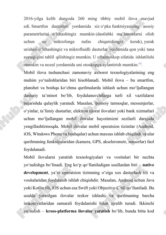 oss-platforma ilovalar uchun esa visual studio code, intellij idea kabi muharrirlar bilan birga maxsus plaginlar va sdk (software development kit) lar ishlatiladi. bu muhitlar dasturchilarga kod yozish, loyihani sinovdan o‘tkazish, xatoliklarni aniqlash va tayyor mahsulotni ilova do‘konlariga joylashtirish imkonini beradi. xulosa qilib aytganda, mobil ilovalar zamonaviy raqamli iqtisodiyot va jamiyatda muhim o‘rin egallaydi. ularni yaratishda turli texnologiyalar va vositalar qo‘llanilib, foydalanuvchilarning ehtiyojlariga mos ravishda samarali yechimlar ishlab chiqiladi. kelajakda mobil ilovalar yanada rivojlanib, sun’iy intellekt, bulutli hisoblash va iot texnologiyalari bilan chambarchas bog‘liq holda ishlashini ta’minlaydi. image1.jpeg