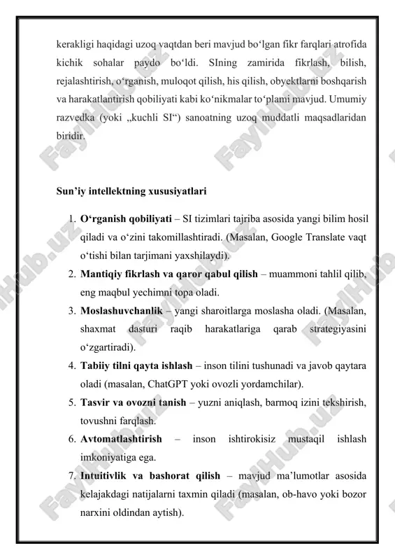 lariga qarab strategiyasini o‘zgartiradi). 4. tabiiy tilni qayta ishlash – inson tilini tushunadi va javob qaytara oladi (masalan, chatgpt yoki ovozli yordamchilar). 5. tasvir va ovozni tanish – yuzni aniqlash, barmoq izini tekshirish, tovushni farqlash. 6. avtomatlashtirish – inson ishtirokisiz mustaqil ishlash imkoniyatiga ega. 7. intuitivlik va bashorat qilish – mavjud ma’lumotlar asosida kelajakdagi natijalarni taxmin qiladi (masalan, ob-havo yoki bozor narxini oldindan aytish). sun’iy intellekt turlari asosan uchta asosiy turga bo‘linadi: 1. zaif (yoki tor) sun’iy intellekt · faqat bitta vazifani bajaradi. · masalan: google translate, siri, alexa, shaxmat dasturi. 2. kuchli sun’iy intellekt · insondek fikrlay oladigan va turli muammolarni hal qila oladigan tizim. · hozircha nazariy bosqichda, lekin ilmiy izlanishlar olib borilmoqda. 3. super sun’iy intellekt · inson aqlidan ustun bo‘lib, mustaqil qaror qabul qila oladi. · bu hali mavjud emas, lekin kelajakda rivojlanishi haqida fikrlar bor. sun’iy intellekt tarmoqlari 1. mashinali o‘rganish (machine learning) · dasturlar …