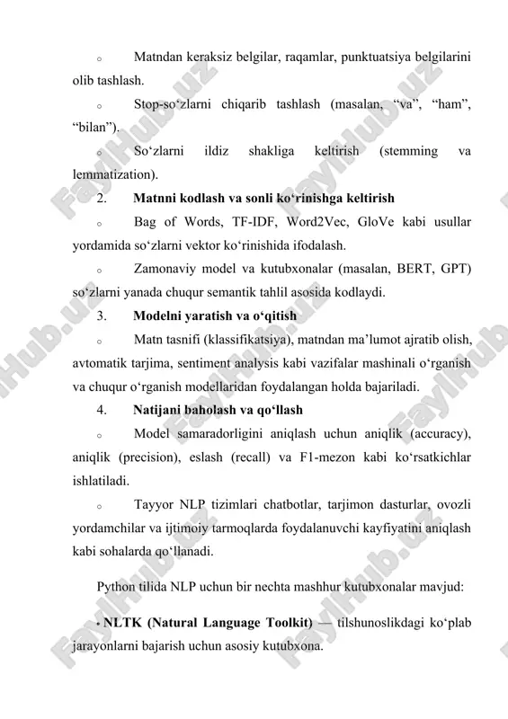, ovozli yordamchilar va ijtimoiy tarmoqlarda foydalanuvchi kayfiyatini aniqlash kabi sohalarda qo‘llanadi. python tilida nlp uchun bir nechta mashhur kutubxonalar mavjud: · nltk (natural language toolkit) — tilshunoslikdagi ko‘plab jarayonlarni bajarish uchun asosiy kutubxona. · spacy — katta hajmdagi matnlarni tez va samarali qayta ishlash uchun kuchli vosita. · textblob — oddiy nlp vazifalari (tarjima, sentiment analysis, tilni aniqlash) uchun qulay kutubxona. · gensim — matnlarni modellashtirish va mavzularni tahlil qilish uchun ishlatiladi. · transformers (hugging face) — bert, gpt, roberta kabi zamonaviy pre-trained modellarni ishlatish imkonini beradi. amaliy jihatdan python’dagi nlp texnologiyalari hayotimizning ko‘plab sohalarida uchraydi. masalan: · avtomatik tarjima tizimlari (google translate, yandex translate). · chat-botlar va virtual yordamchilar (siri, alexa, chatgpt). · ijtimoiy tarmoqlarni monitoring qilish (foydalanuvchi izohlaridan kayfiyatni aniqlash). · elektron pochta filtrlari (spam va normal xabarlarni ajratish). · qidiruv tizimlari (google, bing matnni tahlil qilib eng mos natijalarni chiqaradi). · ovozdan matnga aylantirish va aksincha …