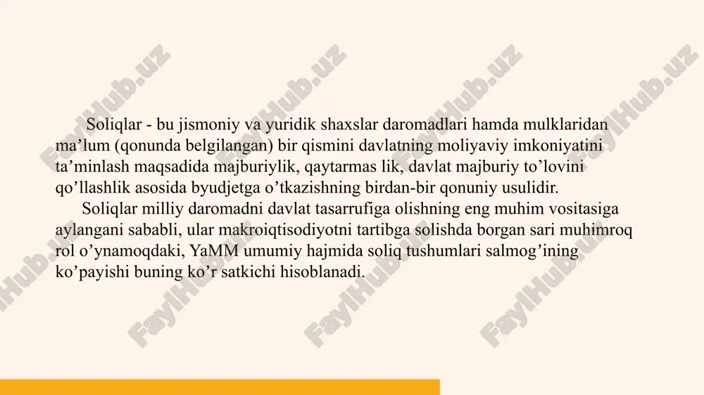 gʼrisidagi" nizomga binoan soliqqa tortiladigan baza quyidagicha aniqlanadi: soliqqa tortiladigan baza - soliq toʼlangunga qadar boʼlgan foyda + doimiy tafovutlar + vaqtinchalik tafovutlar misol. korxonada soliq toʼlangunga qadar boʼlgan olingan foyda 24700 ming soʼmga tengdir. korxona xarajatlari: a) moddiy yordam - 2550 ming soʼm. b) vazirlikni saqlash uchun ajratmalar – 5100 ming soʼm. v) jarima va penyalar - 850 ming soʼm. soliq solinadigan baza: 24700+2550+5100+850-33200 ming soʼm. soliq 20 foiz. soliq summasi 6640 ming sum (33200x20:100). pravotka mazmuni summa debit kredit daromad soligi (12% ) uchun oldindan toʼlov 70,000 4410 5110 yagona ishtimoiy toʼlov (12 % - 25 % ) ga oldindan pul koʼchirildi 70.000 4520 5110 hisoblangan oylik ish xaqqidan daromad soligiga ushlab qolindi 69.060 6710 6410 maʼmuriyat xodimlarining oylik ish xaqqiga nisbatan yagona ishtimoiy toʼlov 12 % - 25 % ) xisoblandi 69.600 9420 6520 daromad soligi ( 12% ) uchun oldindan toʼlangan summa xisobga olindi 69.060 6410. …