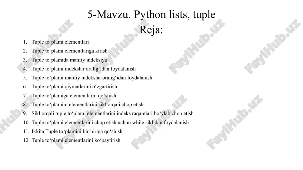 elementga, -2 ikkinchi oxirgi elementga to‘g‘ri keladi va hokazo python dasturlash tilida list (ro`yxatlar) siz list to‘plami elemetlarini chop etish uchun indeksni qayerdan boshlash va qayerdan tugatishni belgilash orqali bir qator indekslarni belgilashingiz mumkin python dasturlash tilida list (ro`yxatlar) list to‘plami elementining qiymatini o‘zgartirish uchun indeks raqamidan foydalanish mumkin: python dasturlash tilida list (ro`yxatlar) list to‘plami elementlari qiymatini ularning indeks oralg‘ida o‘zgartirish uchun yangi qiymatlar bilan listni belgilang va yangi qiymatlarni kiritmoqchi bo‘lgan indeks raqamlari oralig‘iga joylashtiring: python dasturlash tilida list (ro`yxatlar) list to‘plamidagi mavjud qiymatlarni almashtirmasdan yangi ro‘yxat elementini kiritish uchun insert() funksiyasidan foydalanish mumkin. insert() funksiyasi elementni belgilangan indeksga joylashtiradi: python dasturlash tilida list (ro`yxatlar) list to‘plami oxiriga element qoʻshish uchun append() funksiyasidan ham foydalanish mukin: python dasturlash tilida list (ro`yxatlar) bir list to‘plamidagi elementlarni boshqa list to‘plamiga qoʻshish uchun extend() funksiyasidan foydalanish mumkin. python dasturlash tilida list (ro`yxatlar) remove() funksiyasi belgilangan elementni o‘chirib tashlaydi. python dasturlash tilida …