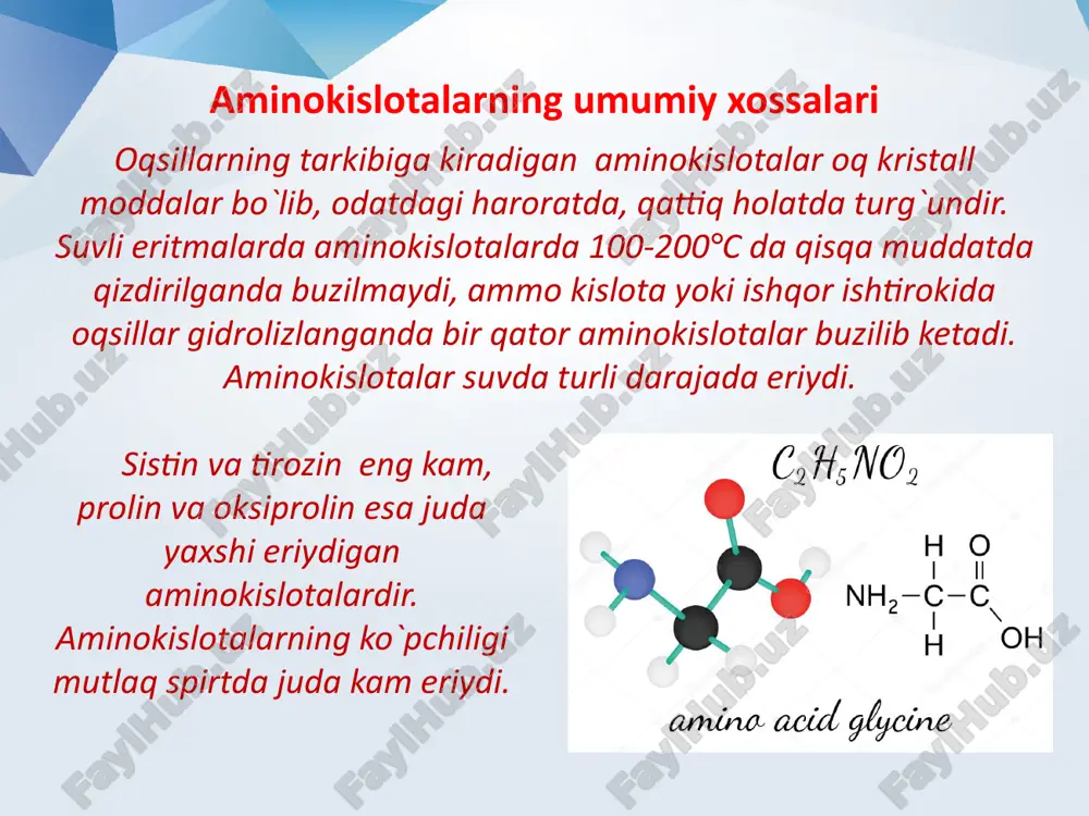 anjirning tuzilishi bo`yicha; 2. elektokimyoviy – aminokislotalarning kislota-ishqoriy xossalari bo`yicha; aminokislotalar zaryadi 0 ga teng bo`lgan holat izoelektrik holat deb aytiladi. aminokislotalarning elektr maydonida anodga ham katodga ham harakatlanmaydigan ph qiymati izoelektrik nuqta deb ataladi va phi bilan belgilanadi. izoelektrik nuqta aminokislotalardagi turli guruhlarning kislota-ishqoriy xususiyatlarini aniq namoyon qiladi va aminokislotani xarakterlaydigan eng muhim konstanta hisoblanadi. aminokislotalarning fazodagi strukturasi asosida ularni ikki qatorga ajratish biologik ahamiyatga ega. oqsillar tarkibiga faqat l-aminokislotalar kiradi. lekin organizmdan ba’zi bir d- aminokislotalar ham ajratib olingan. ayrim d- aminokislotalar erkin holda va bakteriya hujayrasining pardasida (sibir yarasi, kartoshka va pichan tayoqchasida) va mikroorganizmlar tomonidan ishlab chiqarilgan antibiotiklarda uchraydi. tabiatda 300 ga yaqin aminokislotalar uchraydi. ularning yarmidan ortig`i, umuman oqsillar tarkibiga kirmaydi, qolgan yarmisining ko`p qismi ham faqat ayrim organizmlarda, ba’zilari alohida oqsillar va peptidlar tarkibida bo`ladi. hamma organizmlarda oqsillar tarkibiga kiradigan aminokislotalar soni 20 ga teng. ular proteinogen aminokislotalar deb ataladi. qolgan aminokislotalar oqsil tuzilishida …
