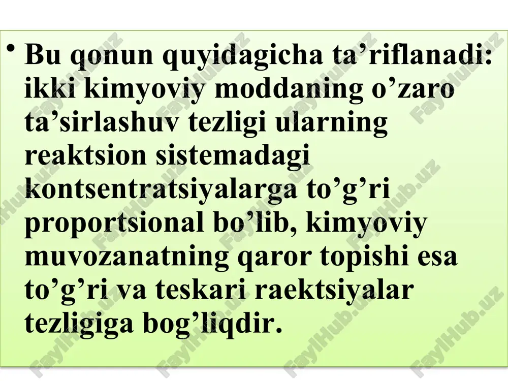ishga muvozanat surilishi qarshilik qilishi kerak, bu bosimning pasayishi, ya’ni reaktsion aralashma hajmining kamayishiga olib keladi. agar reaktsiya hajm kamayishi bilan borsa, unda bosim p ning ko’payishi yuqori aylanish (xm ning ortishi ) ga olib keladi. va aksincha, reaktsiyada hajm oshuvchi sistemada muvozanat xm ning kamayish tomoniga siljiydi . mana bu bog’lanish ri= pc; bilan tenglamadan foydalanib, gaz fazasidagi reaktsiyalar uchun quyidagi tenglamani yozish imkoni yaratiladi: km=ry( m bu yerda =(vr+ vs+ ...) - (va +vb+ ...)- reaktsiyada mollar sonining o’zgarishi. agar reaktsiya hajm oshuvi bilan borsa (v > 0 ), unda p (va p ning xam ) oshuvi , yuqoridagi tengligidan ko’rinadiki, p,c, mahsulotlarning kontsentratsiyasi kamayishiga olib keladi. agar v < 0 bo’lsa , unda p ning ortishi ( p ning kamayishi ) maxsulotlar kontssntratsiyasi va aylanish darajasining o’suvi bilan kompensatsiyalanadi. ammiak sintezi hajm kamayishi bilan boradi. bosim p = 1at (=0,1mpa ) bo’lganda 1,0 foiz ammiak xosil bo’ladi. …