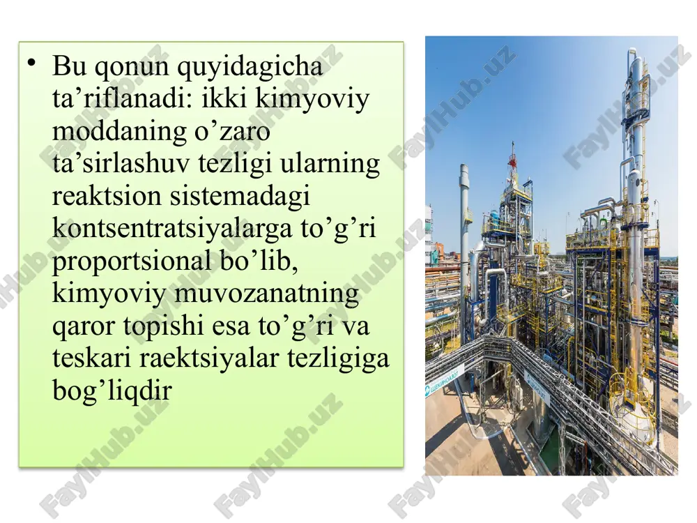 shga muvozanat surilishi qarshilik qilishi kerak, bu bosimning pasayishi, ya’ni reaktsion aralashma hajmining kamayishiga olib keladi. agar reaktsiya hajm kamayishi bilan borsa, unda bosim p ning ko’payishi yuqori aylanish (xm ning ortishi ) ga olib keladi. va aksincha, reaktsiyada hajm oshuvchi sistemada muvozanat xm ning kamayish tomoniga siljiydi . mana bu bog’lanish ri= pc; bilan tenglamadan foydalanib, gaz fazasidagi reaktsiyalar uchun quyidagi tenglamani yozish imkoni yaratiladi: km=ry( m bu yerda =(vr+ vs+ ...) - (va +vb+ ...)- reaktsiyada mollar sonining o’zgarishi. agar reaktsiya hajm oshuvi bilan borsa (v > 0 ), unda p (va p ning xam ) oshuvi , yuqoridagi tengligidan ko’rinadiki, p,c, mahsulotlarning kontsentratsiyasi kamayishiga olib keladi. agar v < 0 bo’lsa , unda p ning ortishi ( p ning kamayishi ) maxsulotlar kontssntratsiyasi va aylanish darajasining o’suvi bilan kompensatsiyalanadi. ammiak sintezi hajm kamayishi bilan boradi. bosim p = 1at (=0,1mpa ) bo’lganda 1,0 foiz ammiak xosil bo’ladi. …