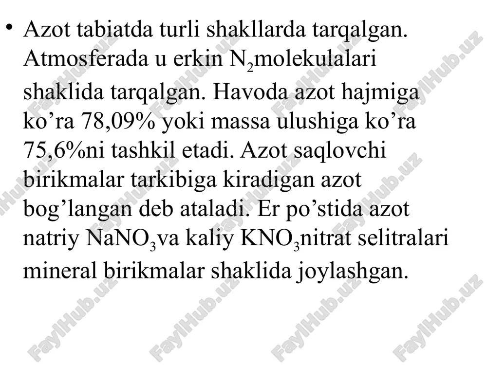 hida yonadi. vodorod alangansi harorati 3000os atrofida bo’ladi, shuning uchun vodorod-kislorodli alangadan qotishmalar va qiyin eriydigan metallarni kesish va payvandlashda foydalaniladi. havoli va kislorodli vodorod aralashmalarining portlash xavfi yuqori. vodorod tiklovchi hisoblanadi. undan metanol va boshqa spirtlar olishda, yog’lar, neft mahsulotlari, mumlarni gidrogenlashda qo’llaniladi. vodoroddan raketali yoqilg’i sifatida foydalaniladi. vodoroddan avtomobil transportlari uchun yoqilg’i sifatida foydalanish bo’yicha tadqiqotlar olib borilmoqda. oddiy sharoitda ammiak keskin hidga ega bo’lgan gazsimon modda bo’lib, havodan yengil (ammiakning zichligi 0,7714g/l). -33,4os haroratgacha sovutilganda ammiak rangsiz, yengil harakatlanuvchan suyuqlikka aylanadi. suyuq ammiakning bug’lanishida u o’ziga ko’p issiqlikni yutadi (issiqlik bug’lanishi 23,37 kdj/mol), shuning uchun sovutish texnikasida sovutkich sifatida qo’llaniladi. -77,7os haroratda suyuq ammiak oq kristallarga aylanadi. gazsimon ammiak suvda yaxshi eriydi. 20os haroratda 1 hajm birligidagi suvda 700 hajm birligida ammiak eriydi. ammiakning suvdagi aralashmasi ammiakli suv deb ataladi. ammiak odam organizmi va hayvonlarda azot almashinuvida yakuniy mahsulot bo’lib hisoblanadi. organizm uchun u juda zaharli hisoblanadi, …