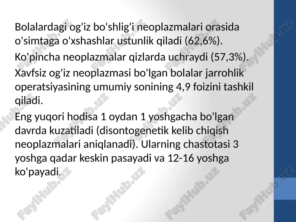 qaytalanishini tushuntiradi. rasm: o'rta yoshdagi odamlarda parotid bezining pleomorf adenomasi. rasm: qariyalarda parotid bezining pleomorf adenomasi. diagnostika o'smaning tashxisi igna ichida mayda, oqish massa shaklida olinadigan punktatni sitologik tekshiruvi bilan aniqlanadi. makroskopik pleomorfik adenoma - ingichka shaffof kapsulada, shilimshiq va zichlash joylari bo'lgan oq-kulrang rangning shilimshiq massasi shaklida kesmada. mikroskopik ravishda o'sma, aniq epiteliya to'qimalariga qo'shimcha ravishda, tarkibida mikenoid yoki xaftaga o'xshash tuzilmalardan tashkil topgan mezenximaga o'xshash joylarga ega, ularning mavjudligi mioepiteliya hujayralari o'rtasida mukoid yoki gialin moddalarining to'planishi bilan izohlanadi. sialogrammalarda o'sma o'zini lokalizatsiyasi va uning kattaligiga ko'ra bezning acini va kanallarini to'ldirishda aniq chegaralangan nuqson shaklida namoyon bo'ladi. kanallarning uzilishi kuzatilmaydi. pleomorf adenoma uchun qo'shimcha tadqiqot usullari 1. echografiya (ultratovush). odatda aniq konturli har xil o'lchamdagi gipoekoik shakllanish aniqlanadi, uning tuprik bezi va uning atrofidagi tuzilmalarga nisbatan anatomik va topografik joylashuvi aniqlanadi. ultratovush jarrohlik davolash hajmi va mohiyatini tanlashda muhim ahamiyatga ega. ba'zi joylarda aniq belgilangan kapsulaning yo'qligi …