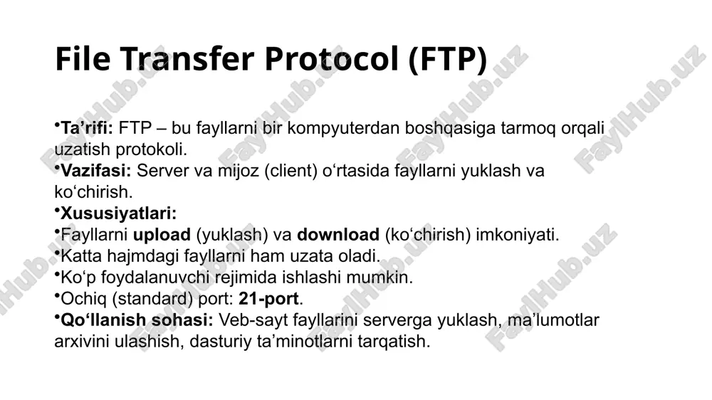 yruqlar bajarish imkonini beruvchi protokol. http – internet va veb-texnologiyalarning asosiy poydevori. bugungi kunda bu protokollar turli modernizatsiya qilingan xavfsiz shakllarda (sftp, ssh, https) keng qo‘llanmoqda. tcp – ishonchlilik kerak bo‘lgan joyda ishlatiladi. udp – tezlik muhim bo‘lgan, lekin xatolik unchalik xavfli bo‘lmagan joylarda ishlatiladi. har ikkisi ham internet infratuzilmasida muhim o‘rin tutadi va bir-birini to‘ldiradi. e’tiboringiz uchun rahmat! /docprops/thumbnail.jpeg
