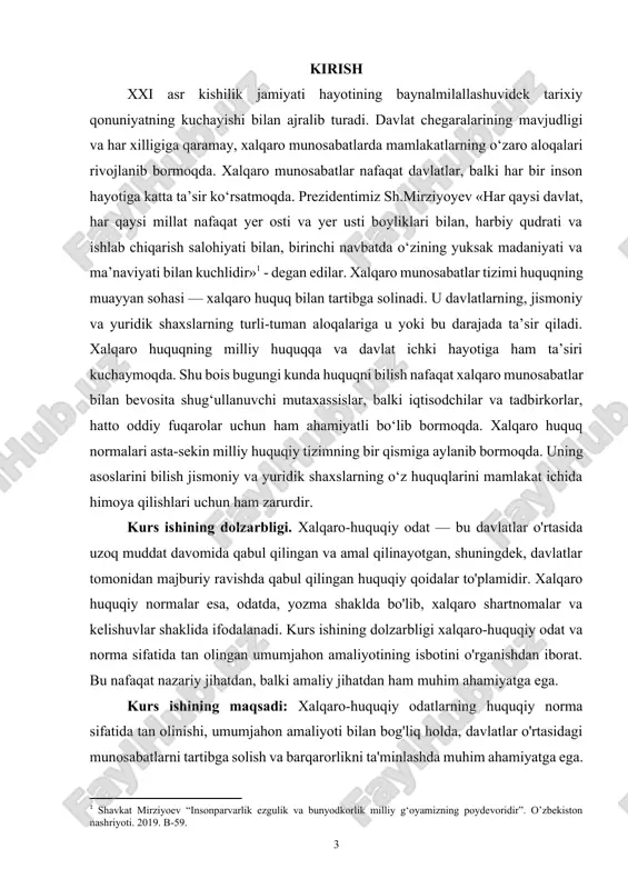oki; · xalqaro huquqning tizimi va maqsadlari: xalqaro odat va huquqiy normalar. kurs ishining nazariy ahamiyati xalqaro-huquqiy odat, an'anaviy ravishda, davlatlar o'rtasida uzoq muddat davomida qabul qilingan va umumiy qabul qilingan qoidalar to'plami sifatida ta'riflanadi. bu odatlar, davlatlar tomonidan bir-biriga nisbatan ko'rsatgan amaliyotlari va ularning o'zaro ixtiyoriy ravishda qabul qilgan majburiyatlari asosida shakllanadi. xalqaro huquqda, huquqiy norma esa, yozma shaklda ifodalangan va xalqaro huquq doirasida davlatlar tomonidan qabul qilingan qoidalar to'plami sifatida qaraladi. kurs ishining amaliy ahamiyati xalqaro-huquqiy odatning huquqiy norma sifatida tan olinishi, davlatlar o'rtasida barqaror va ishonchli munosabatlarni o'rnatishga yordam beradi. ushbu kurs ishining maqsadi, xalqaro-huquqiy odatlarning qanday qilib huquqiy norma sifatida tan olinishi va umumjahon amaliyoti bilan bog'liq isbotlarini o'rganishdir. kurs ishining tuzilishi va hajmi: kurs ishi kirish, 2 ta bob, 4 ta paragraf, xulosalar va adabiyotlar ro‘yxatidan iborat. i bob. xalqaro-huquqiy odat-huquqiy norma sifatida tan olingan umumjahon amaliyotining isboti sifatida 1.1. xalqaro huquqiy tan olish va …