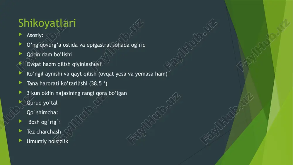 8mm\soat norma: 2-15 umumiy siydik tahlili rangi: sariq miqdori 100ml tiniqligi: tiniq zichligi 1022 oqsil: 0,033 g\l epiteliy: yassi 6-9 o’tuvchi 3-4 buyrak 2-3 leykosit 10-11 tuzlar: urat ++ ambulator kartadan ko’chirma uzi (qorin bo’shlig’i): jigar parenximasining diffuz o’zgarishi, hajmining biroz kattalashishi. jigarning chap bo’lagi oddiy kistasi. o’tkir xolesistit belgilari. o’t pufagi bukilishi. meteorizm. hbsag manfiy, hcv manfiy. bioximik tahlil: alt 482 ed\l, ast 345 ed\l, umumiy bilirubin 26 mkmol\l , mochevina 4,1 mmol\l, kreatinin 40,1 mkmol\l, qand 6,53mmol\l, umumiy oqsil 70,0 g\l. qon umumiy tahlili: gemoglabin 87 g\l, eritrositlar 5,0, trombositlar 100, leykositlar 7,3, limfositlar 3,2 , echt 18 mm\soat. mskt: o’pkada infiltrative o’zgarishlar yo’q. qonning biokimyoviy tahlili umumiy oqsil: - norma: 66-85 g\l glyukoza 5mmol/l norma: 3,2-6,1 mmol\l mochevina norma: 2,5-8,3 mmol\l kreatinin norma: e:44-115 mkmol\l a: 44-97 mkmol\l umumiy bilirubin 16,9 mkmol/l norma: 3,4-20,5 mkmol\l bog’langan ^ erkin alt 27 norma: <40ed\l act 48 norma: <35ed\l hba …