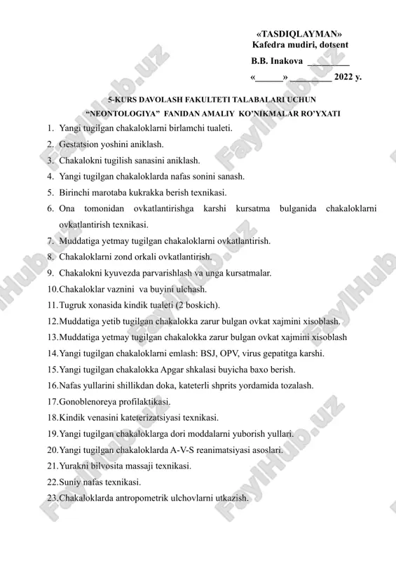 j, opv, virus gepatitga karshi. 15. yangi tugilgan chakalokka apgar shkalasi buyicha baxo berish. 16. nafas yullarini shillikdan doka, kateterli shprits yordamida tozalash. 17. gonoblenoreya profilaktikasi. 18. kindik venasini kateterizatsiyasi texnikasi. 19. yangi tugilgan chakaloklarga dori moddalarni yuborish yullari. 20. yangi tugilgan chakaloklarda a-v-s reanimatsiyasi asoslari. 21. yurakni bilvosita massaji texnikasi. 22. suniy nafas texnikasi. 23. chakaloklarda antropometrik ulchovlarni utkazish. 24. chakaloklarni tana vaznini nazorat uchun tortish (kontrol torish). 25. kon guruxi va rezus omilni aniklash. 26. chakaloklar tana xaroratini ulchash texnikasi. 27. k-vitaminni yuborish texnikasi. prakticheskie naviki po neonatologii dlya studentov 5 kursa lechebnogo fakulteta. pervichnaya obrabotka pupovini v rodilnom zale. opredelenie gestatsionnogo vozrasta opredelenie predvaritelnoy dati rojdeniya rebenka profilaktika gonoblenorei. sanatsiya verxnix dixatelnix putey (s pomoshyu otsosa, rezinovogo balonchika, marlevoy salfetki). antropometricheskie izmereniya novorojdennogo. texnika vzveshivaniya novorojdennogo metodi i texnika iskusstvennogo dixaniya. texnika nepryamogo massaja serdtsa. opredelenie gruppi krovi i rezus-faktora. texnika kateterizatsii pupochnoy veni. texnika vvedeniya lekarstvennix …