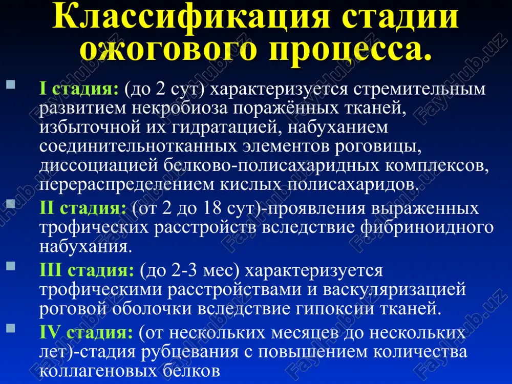 oz kon'yunktivi, rogovitsi, koji vek (ojog plamenem); pyat dney posle travmi termicheskiy ojog sredney tyajesti chastichnaya epitelizatsiya i novoobrazovannie; sosudi v meste defekta rogovitsi; dva mesyatsa posle travmi termoximicheskie ojogi glaz osobo tyajeliy termoximicheskiy ojog vek, koji litsa (vzriv petardi); sem dney posle travmi osobo tyajeliy termoximicheskiy ojog pri vzrive atsetilenovogo gazogeneratora; dve nedeli posle travmi termoximicheskie ojogi glaz osobo tyajeliy ximicheskiy shelochnoy ojog, kollikvatsionniy nekroz rogovitsi, i kon'yunktivi glaznogo yabloka; vtorie sutki posle travmi tyajeliy termoximicheskiy ojog rogovitsi i kon'yunktivi, granulyatsionnie razrastaniya v svodax perilimbalnoy zone; odin mesyats posle travmi oslojneniya ojogovoy travmi glaza i ego pridatkov legkie porajeniya i ojogi sredney tyajesti pri adekvatnom konservativnom lechenii protekayut, kak pravilo, bez oslojneniy. pri lokalnix termicheskix ojogax kon'yunktivi vozmojno formirovanie simblefaronov, pri ojogax koji vek 2-3 stepeni - rubtsovoy deformatsii s lagoftalmom, vivorotom vek. podobnie sostoyaniya mogut privesti k oslojneniyam, ne xarakternim dlya legkix i srednix ojogov glaz (iz'yazvleniyam, perforatsiyam …