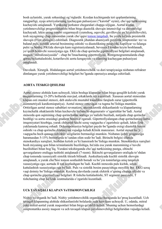 di, u i va ii tonlar bilan birga "bedana maromi" kabi ohangni beradi. stenoz progressirlashuvi bilan birga hansirash, tez charchash, yurak sohasidagi ogriqlarga shikoyatlar yuzaga kela boshlaydi. o’pka shishi xurujlari bo’lishiga mumkin. nuqsonning ancha kech shaklida yurak chegaralari yuqori va o’ng tomo’nga siljiydi. yurak cho’qqisi sohasida diastolik titrash belgisi paydo bo’ladi. fkg da q - i intervali kattalashishi kuzatiladi, katta ahamiyat ii ton - "chihillashi"ni aniqlashga haratiladi (ii-qs), uning qisqa bo’lib qolishi stenoz progresslanganligi haqida dalolat beradi. ekgda miokard gipertrofiyasi belgilari yo’q. keyinchalik chap bo’lmacha gipertrofiyasi kuzatiladi, so’ngra o’ng bo’limlar gipertrofiyasi ham. rentgenogrammada chap bo’lmachaning, qizilo’ngachni 6 sm li radius bo’yicha qiyshaytirgan holatda kengayishi va o’ng qorincha kengayishi ko’rinadi. yurak belchasining o’pka arteriyasi va chap bo’lmacha qul’qchasi bo’rtishi hisobiga tekislanganligi xosdir. shuningdek, o’pka gipertenziyasi belgilari: ildiz kengayishlari, ular qonturlari aniqligi, o’pka arteriyasi kengaygan qismlarining birdan uzilish belgilari (ildiz "amputasiyasi" simptomi), periferiyada rasm kamayishi, kamdan-kam hollarda kerli chiziqlari aniqlanadi. klinik manzarasi: …