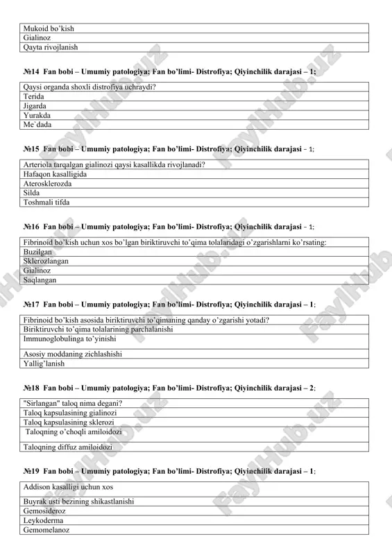 amiloidozi taloqning diffuz amiloidozi №19 fan bobi – umumiy patologiya; fan bo’limi- distrofiya; qiyinchilik darajasi – 1; addison kasalligi uchun xos buyrak usti bezining shikastlanishi gemosideroz leykoderma gemomelanoz №20 fan bobi – umumiy patologiya; fan bo’limi- distrofiya; qiyinchilik darajasi – 1; melanin ishlab chiqarishning umumiy irsiy etishmovchiligi nima deyiladi? albinizm leykoderma pigmentli kseroderma vitiligo №21 fan bobi – umumiy patologiya; fan bo’limi- mineral distrofiya; qiyinchilik darajasi – 1; agar buyrakda silliq yuzali sarg’ish yumshoq toshlar paydo bo’lsa, ular tarkibi bo’yicha: uratlar oksalatlar fosfatlar kristalloidlar №22 fan bobi – umumiy patologiya; fan bo’limi- nekroz; qiyinchilik darajasi – 2; murda gipostazlari nima? tananing pastki qismlariga va organlariga og’irlik kuchi bilan qonning oqishi tananing pastki qismidagi buzilayotgan to’qima sohalari tananing pastki qismlarida qon quyilish o’choqlari tananing pastki qismlarida gematomalar №23 fan bobi – umumiy patologiya; fan bo’limi- nekroz; qiyinchilik darajasi – 2; gangrenoz to’qimaga rang beruvchi moddani ayting: temir sulfid gemomelanin lipofussin xlorid …