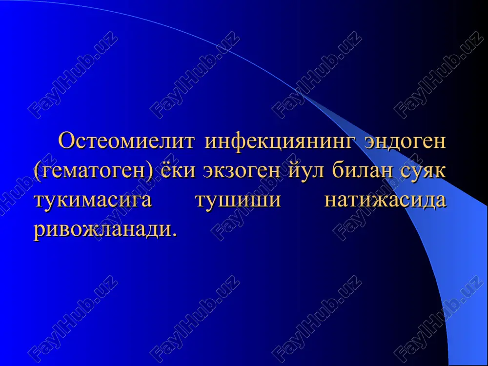 sh jarayonlari zararlangan suyak kompakt katlamining skleroziga olib kelishi mumkin. uzok davom etuvchi yiringli jarayon parenximatoz a'zolarda degeneratsiya chakiradi, jigar va buyrakda amiloidoz rivojlanadi. osteomielitlar tasnifi 1. o'tkir osteomielit: a) o'tkir gematogen osteomielit; b) o'tkir travmatik osteomielit; 2. surunkali osteomielit: a. birlamchi surunkali osteomielit: a) brodi abstsessi b) olle albuminozli osteomieliti v) garre sklerozlovchi osteomieliti b. ikkilamchi surunkali osteomielit o'tkir gematogen osteomielitning klinikasi o'tkir boshlanishi tana xaroratining baland bulib (39-40os) titrok tutishi umumiy xolsizlik bosh ogrishi ko'ngil aynishi va kusish tilning kurishi va karash bilan koplangan bo'lishi taxikardiya leykotsitoz va kon formulasining chapga siljishi kupincha bolalik va usmirlik yoshida bo'lishi arzimagan xarakatlarning ogrikli bo'lishi teri rangining ko'kimtir rangga kirishi gematogen osteomielitning joylashishi gematogen osteomielitning yashinsimon shakllari (molnienosnie formi) keskin intoksikatsiya va septik xolat bilan, bemorlar axvolining ogir bo'lishi bilan xarakterlanadi. jigar va talok kattalashadi, sariklik paydo buladi, leykotsitoz va echt (soe) ortadi. suyaklarda ko'plab infektsiya o'choklari borligi bilan xarakterlanadi. bemorlar …