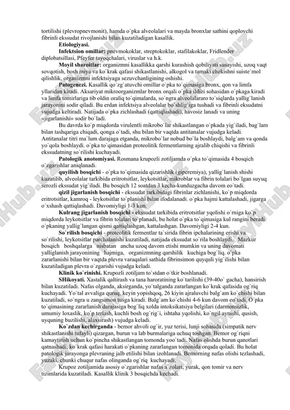 dorilar, mog`or zambururlari, changlar. patogenezi bo`yicha: birlamchi, ikkilamchi: · o`pkada qon aylanishi o`zgarishi bilan bog`liq (jumladan infarkt pnevmoniyasi); · aspiratsiya va bronxlar ezilishi sababli; · ko`krak qafasi shikastlanishi; · operatsiyadan sng; · toksik; · termik; · septik; · surunkali obstruktiv bronxit qaytalanishi (qo`zishi) tufayli · boshqa ikkilamchi zotiljam. klinik-morfologik o`zgarishlari bo`yicha: parenximatozli: · krupozli · o`choqli interstitsialli - joylanishi va tarqalishi byicha: bir tomonlama (chap yoki o`ng tomonli); · total · bo`lakli · segmentli · markaziy ikki tomonlama. ogirlik darajasi bo`yicha: · o`ta og`ir; · og`ir; · o`rtacha og`ir; · engil va abortiv (utkinchi). kechishi bo`yicha: · o`tkir; · cho`ziluvchan. pnevmoniyalar tasnifi yaqin vaqtlargacha klinik-morfologik tamoyilga asoslanar edi. sobiq ittifoq davrida, jumladan o`zbekistonda ham, o.v. korovina tomonidan shaklan uzgartirilgan n.s.molchanov klassifikatsiyasidan (1962) foydalanilgan. unga kura, pnevmoniyalar krupoz va uchogli pnevmoniyalarga ajratilgan. birok, pnevmoniyalar tugrisidagi yangi, zamonaviy tushunchalar nazarda tutiladigan bulsa, ularni bunday shakllarga ajratish kup jihatdan uzini oqlamaydi. krupoz pnevmoniya …