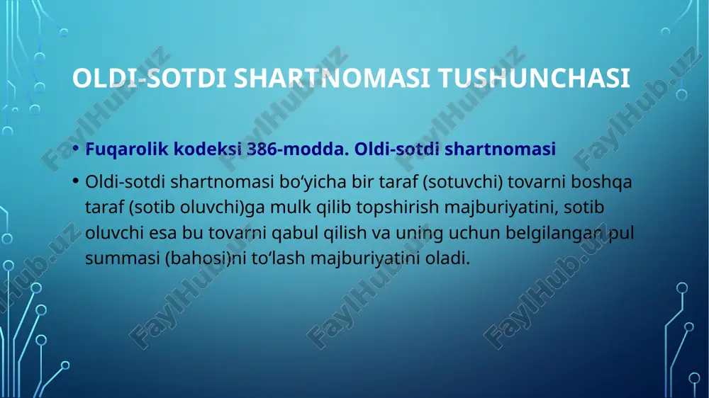 ar qatnashishi mumkin. ayni vaqtda muayyan hollarda shartnomada taraf sifatida davlat ham ishtirok etishi mumkin. oldi-sotdi shartnomasining predmeti oldi-sotdi shartnomasi boyicha erkin suratda boshqa shaxslarga berilishi mumkin bolgan, fuqarolik muomalasidan tashqari chiqarilmagan har qanday ashyolar tovar bolishi mumkin.fuqarolik muomalasidan chiqarilgan obektlar olish-sotish predmeti bola olmaydi. sotilishi hamda sotib olinishi mumkin bolmagan korxonalar va mol-mulk turlari hamda guruhlarining royxati ozbekiston respublikasining « davlat tasarrufidan chiqarish va xususiylashtirish togrisida» gi qonunning 4-moddasida korsatilgan. ular quyidagilar: davlatga mutlaq mulk huquqi asosida tegishli boʻlgan obyektlar: tarixiy –madaniy obyektlar tabiiy meros obyektlari harbiy-texnikaviy mol-mulk: harbiy qurollar portlovchi v radioaktiv moddalar umumiy foydalanishdagi obyektlar valyuta qiymatlarini olish-sotish davlatning vakolatli idoralari tomonidan belgilangan tartibda amalga oshiriladi. mamlakatimiz ichki savdo muomalasida sotilgan tovarlar uchun haq chet el valyutasida emas, balki umumiy qoida tarzida sumda amalga oshiriladi. sotilgan tovar haqini chet el valyutasida tolashga davlatning vakolatli idoralari tomonidan belgilangan tartibda va hollardagina yol qoyiladi. qimmatli qogozlarni olish-sotish, ayrim turdagi …