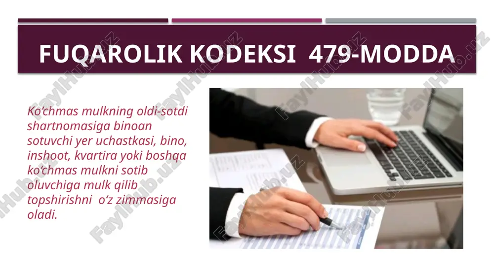 klangan holda foydalanish (servitut) huquqini saqlab qoladi. ko‘chmas mulkni sotish shartnomasida shartnoma bo‘yicha sotib oluvchiga topshirilishi lozim bo‘lgan ko‘chmas mulkni aniq belgilash imkonini beradigan ma’lumotlar, shu jumladan ko‘chmas mulk tegishli yer uchastkasida yoki boshqa ko‘chmas mulkning tarkibida qanday joylashganligini belgilash imkonini beradigan ma’lumotlar ko‘rsatilgan bo‘lishi shart. ko‘chmas mulkni sotish shartnomasida baho ko‘chmas mulkni sotish shartnomasida ana shu mulkning bahosi nazarda tutilgan bo‘lishi lozim. shartnomada taraflar yozma ravishda kelishgan ko‘chmas mulkning bahosi to‘g‘risidagi shart bo‘lmasa, uni sotish to‘g‘risidagi shartnoma tuzilmagan hisoblanadi. ko‘chmas mulkning sotuvchi tomonidan topshirilishi va sotib oluvchi tomonidan qabul qilinishi taraflar imzolaydigan topshirish dalolatnomasi yoki topshirish to‘g‘risidagi boshqa hujjatga binoan amalga oshiriladi. agar qonunda yoki shartnomada boshqacha tartib nazarda tutilgan bo‘lmasa, sotuvchining ko‘chmas mulkni sotib oluvchiga topshirish majburiyati bu mulk sotib oluvchiga topshirilganidan va topshirish to‘g‘risidagi tegishli hujjatni taraflar imzolaganidan keyin bajarilgan hisoblanadi. taraflardan birining ko‘chmas mulkni shartnomada nazarda tutilgan shartlarda topshirish to‘g‘risidagi hujjatni imzolashdan bo‘yin tovlashi, tegishli ravishda …