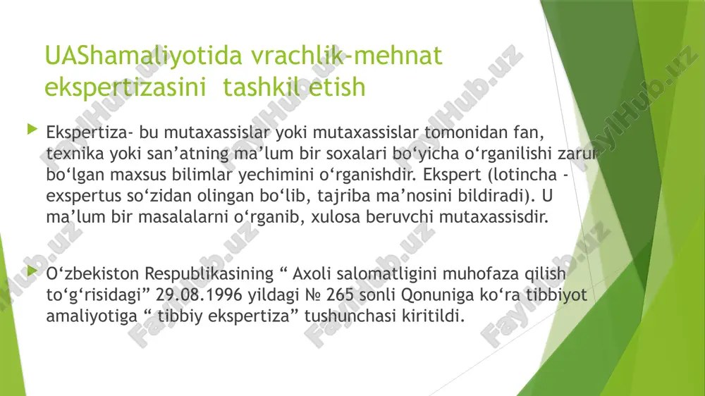 iatriya ekspertizasini tashkil etish va amalga oshirish qonunchilik yo‘li bilan belgilab qo‘yilgan. sud tibbiyot va sud psixiatriya ekspertizasi bo‘yicha berilgan xulosadan norozilik xolati yuzaga kelganda xulosa berilgan fuqoro yoki uning qonuniy vakili sudga murojaat qilishi mumkin. patologoanotomik tekshirishlar o‘tkazish va inson o‘limi vaqtini aniqlash. patologoanotomik tekshirishlar sog‘liqni saqlash muassasalaritomonidan o‘tkaziladi, bundan maqsad: o‘limdan oldingi va keyingi tashxis ( biopsiya olish, autopsiya), shuningdek kasallikning klinik diagnostikasi va davolashni to‘g‘riligini nazorat qilish, o‘lim sabablari to‘g‘risidagi aniq ma’lumotlarni olish. patologoanotomik tekshirishlarni o‘tkazish tartibi va insonni o‘lim vaqtini aniqlash o‘zbekiston respublikasi sog‘liqni saqlash vazirligi tomonidan belgilanadi. /docprops/thumbnail.jpeg